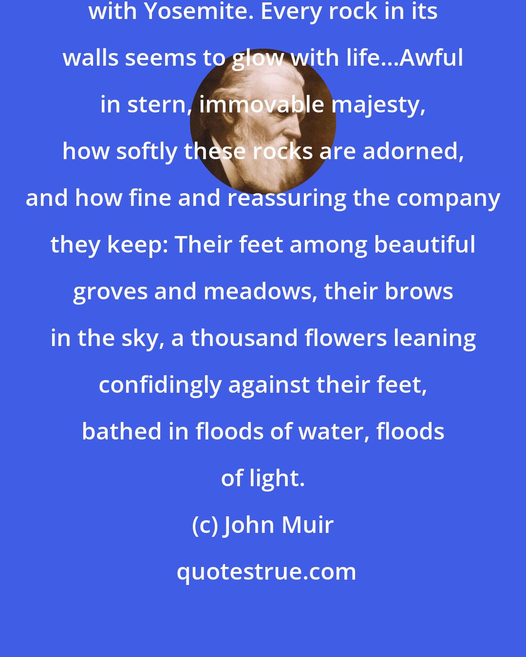 John Muir: No temple made with hands can compare with Yosemite. Every rock in its walls seems to glow with life...Awful in stern, immovable majesty, how softly these rocks are adorned, and how fine and reassuring the company they keep: Their feet among beautiful groves and meadows, their brows in the sky, a thousand flowers leaning confidingly against their feet, bathed in floods of water, floods of light.