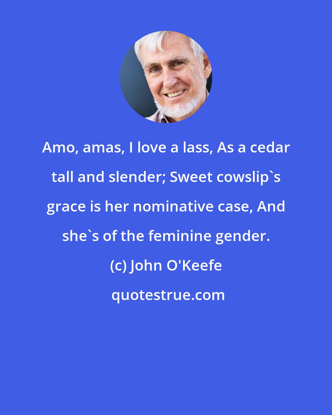 John O'Keefe: Amo, amas, I love a lass, As a cedar tall and slender; Sweet cowslip's grace is her nominative case, And she's of the feminine gender.