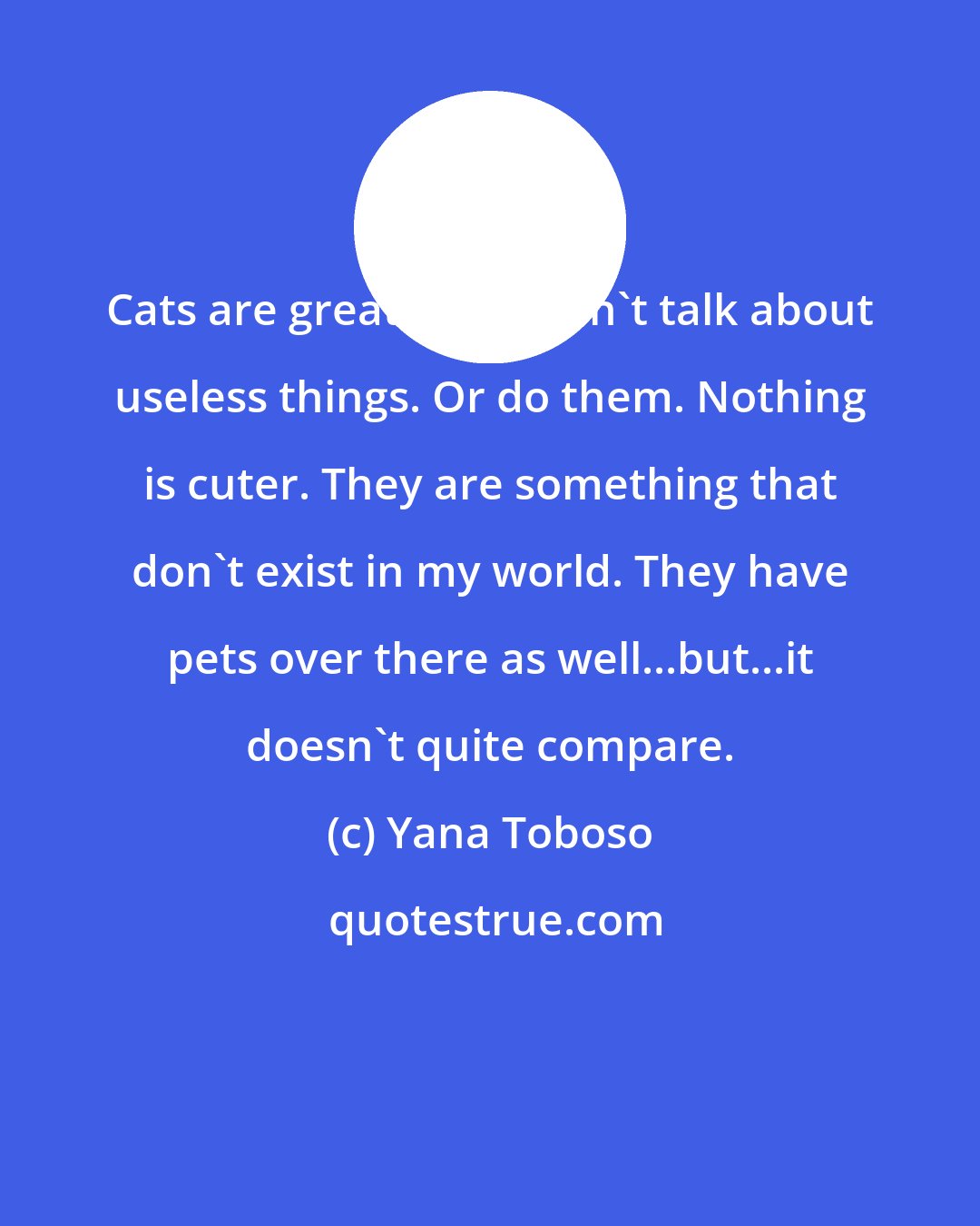 Yana Toboso: Cats are great. They don't talk about useless things. Or do them. Nothing is cuter. They are something that don't exist in my world. They have pets over there as well...but...it doesn't quite compare.