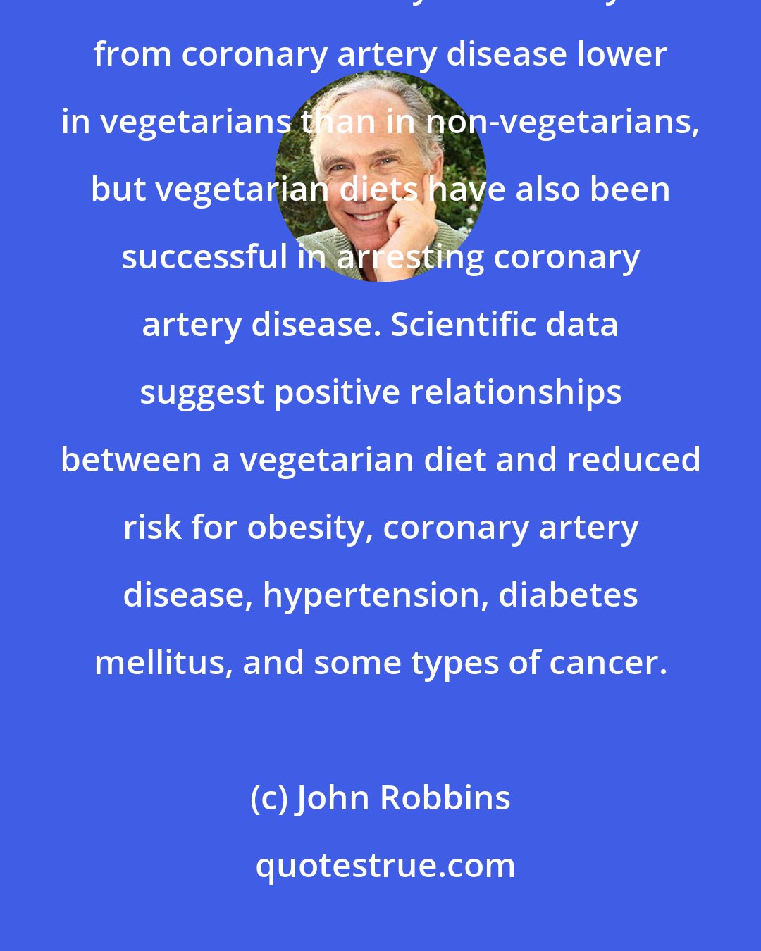 John Robbins: Studies indicate that vegetarians often have lower morbidity and mortality rates. . . . Not only is mortality from coronary artery disease lower in vegetarians than in non-vegetarians, but vegetarian diets have also been successful in arresting coronary artery disease. Scientific data suggest positive relationships between a vegetarian diet and reduced risk for obesity, coronary artery disease, hypertension, diabetes mellitus, and some types of cancer.