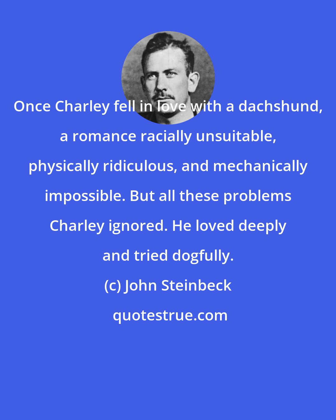 John Steinbeck: Once Charley fell in love with a dachshund, a romance racially unsuitable, physically ridiculous, and mechanically impossible. But all these problems Charley ignored. He loved deeply and tried dogfully.