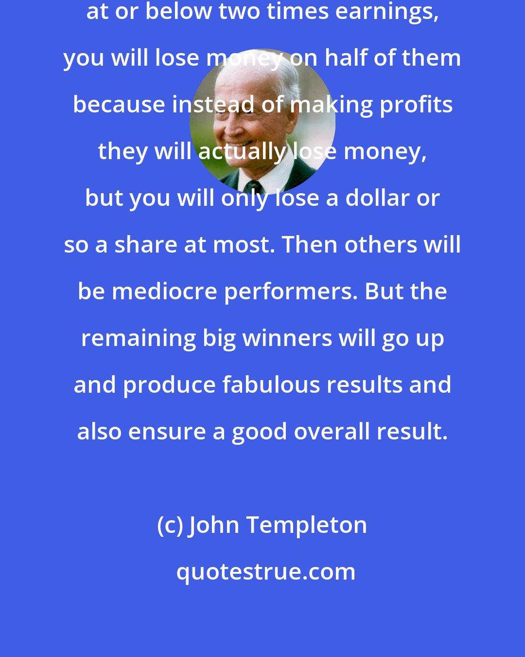 John Templeton: If you buy all the stocks selling at or below two times earnings, you will lose money on half of them because instead of making profits they will actually lose money, but you will only lose a dollar or so a share at most. Then others will be mediocre performers. But the remaining big winners will go up and produce fabulous results and also ensure a good overall result.