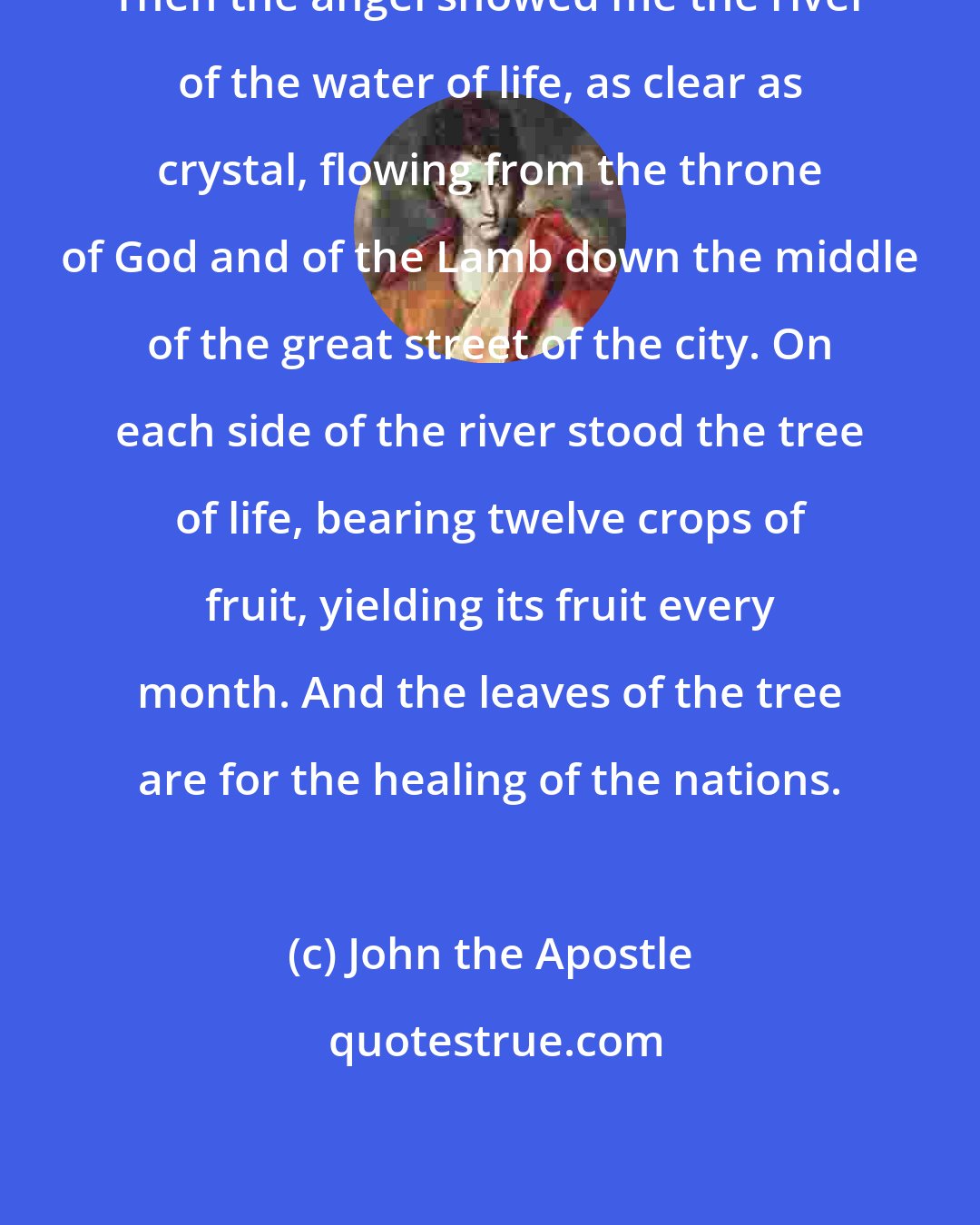 John the Apostle: Then the angel showed me the river of the water of life, as clear as crystal, flowing from the throne of God and of the Lamb down the middle of the great street of the city. On each side of the river stood the tree of life, bearing twelve crops of fruit, yielding its fruit every month. And the leaves of the tree are for the healing of the nations.