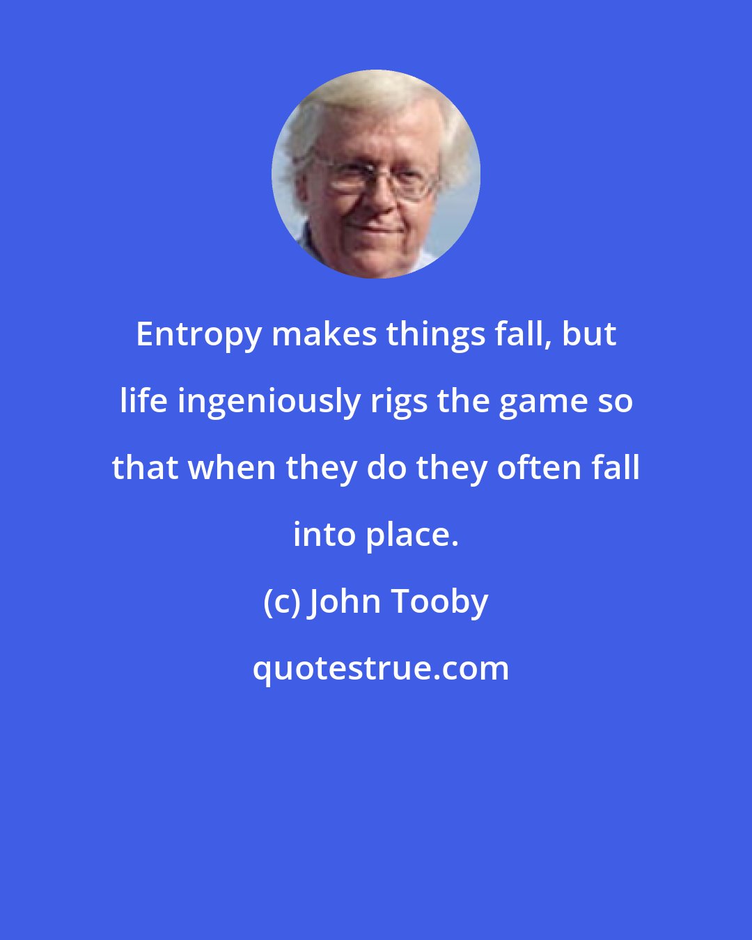 John Tooby: Entropy makes things fall, but life ingeniously rigs the game so that when they do they often fall into place.