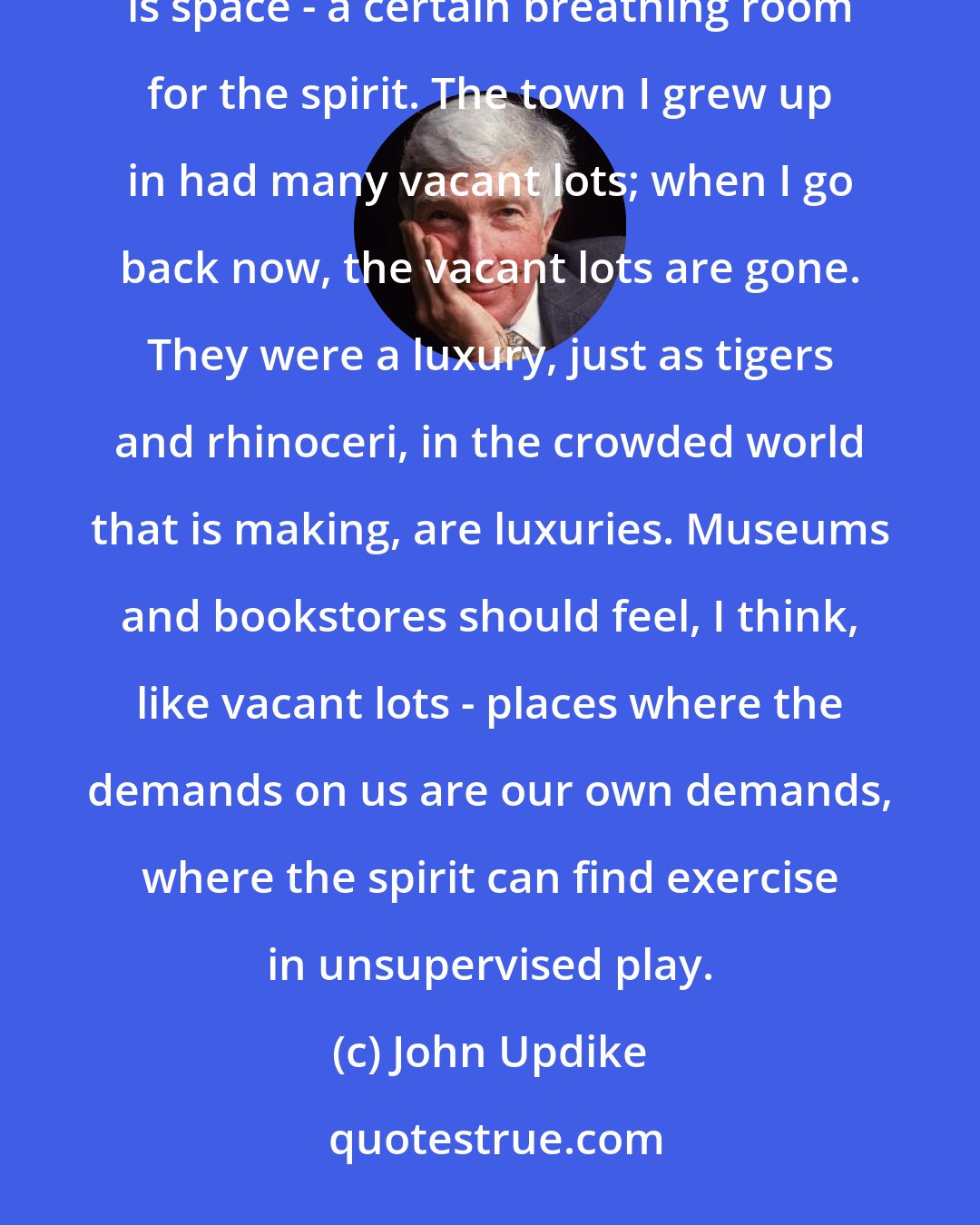 John Updike: Whatever art offered the men and women of previous eras, what it offers our own, it seems to me, is space - a certain breathing room for the spirit. The town I grew up in had many vacant lots; when I go back now, the vacant lots are gone. They were a luxury, just as tigers and rhinoceri, in the crowded world that is making, are luxuries. Museums and bookstores should feel, I think, like vacant lots - places where the demands on us are our own demands, where the spirit can find exercise in unsupervised play.