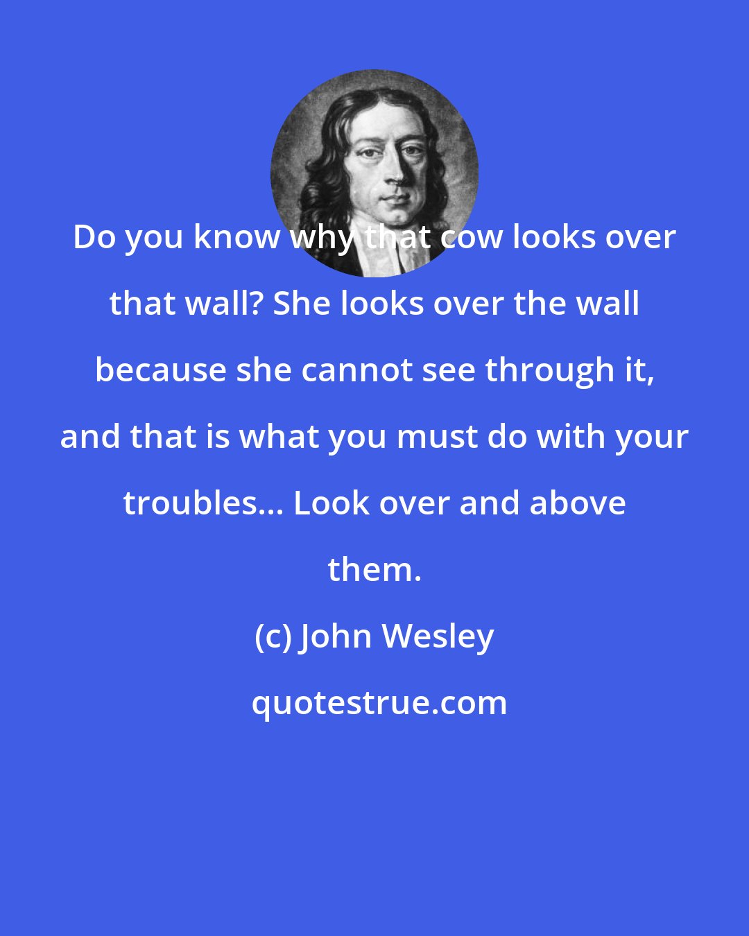 John Wesley: Do you know why that cow looks over that wall? She looks over the wall because she cannot see through it, and that is what you must do with your troubles... Look over and above them.