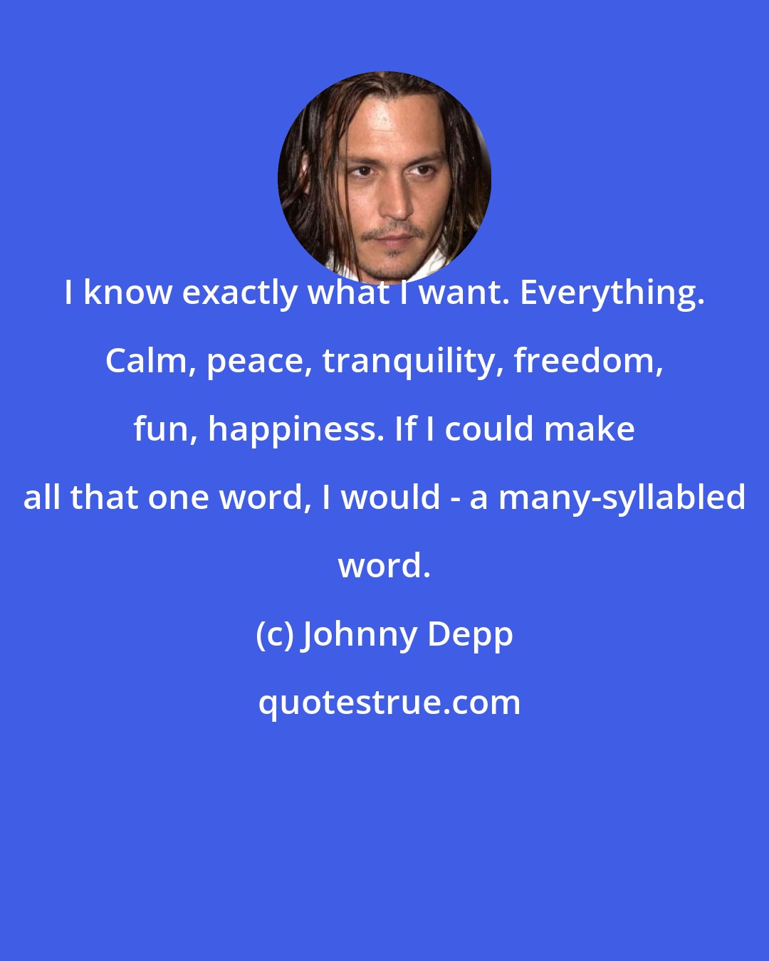 Johnny Depp: I know exactly what I want. Everything. Calm, peace, tranquility, freedom, fun, happiness. If I could make all that one word, I would - a many-syllabled word.