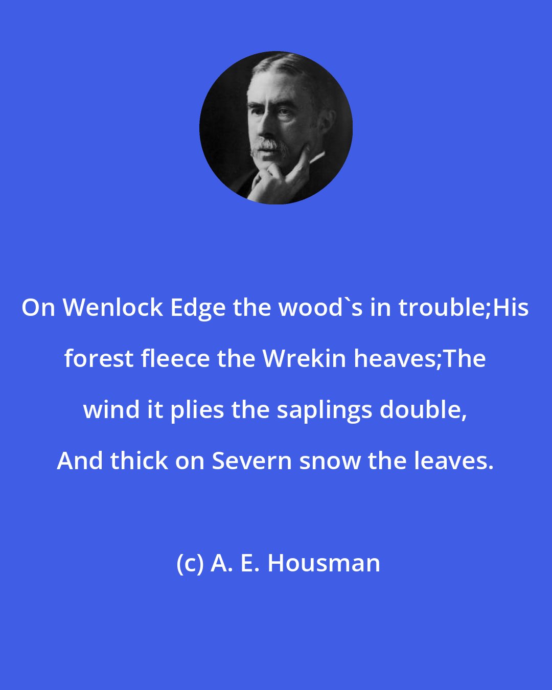 A. E. Housman: On Wenlock Edge the wood's in trouble;His forest fleece the Wrekin heaves;The wind it plies the saplings double, And thick on Severn snow the leaves.