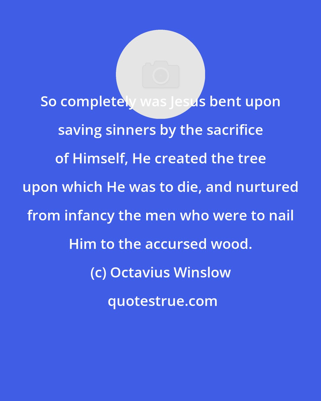 Octavius Winslow: So completely was Jesus bent upon saving sinners by the sacrifice of Himself, He created the tree upon which He was to die, and nurtured from infancy the men who were to nail Him to the accursed wood.