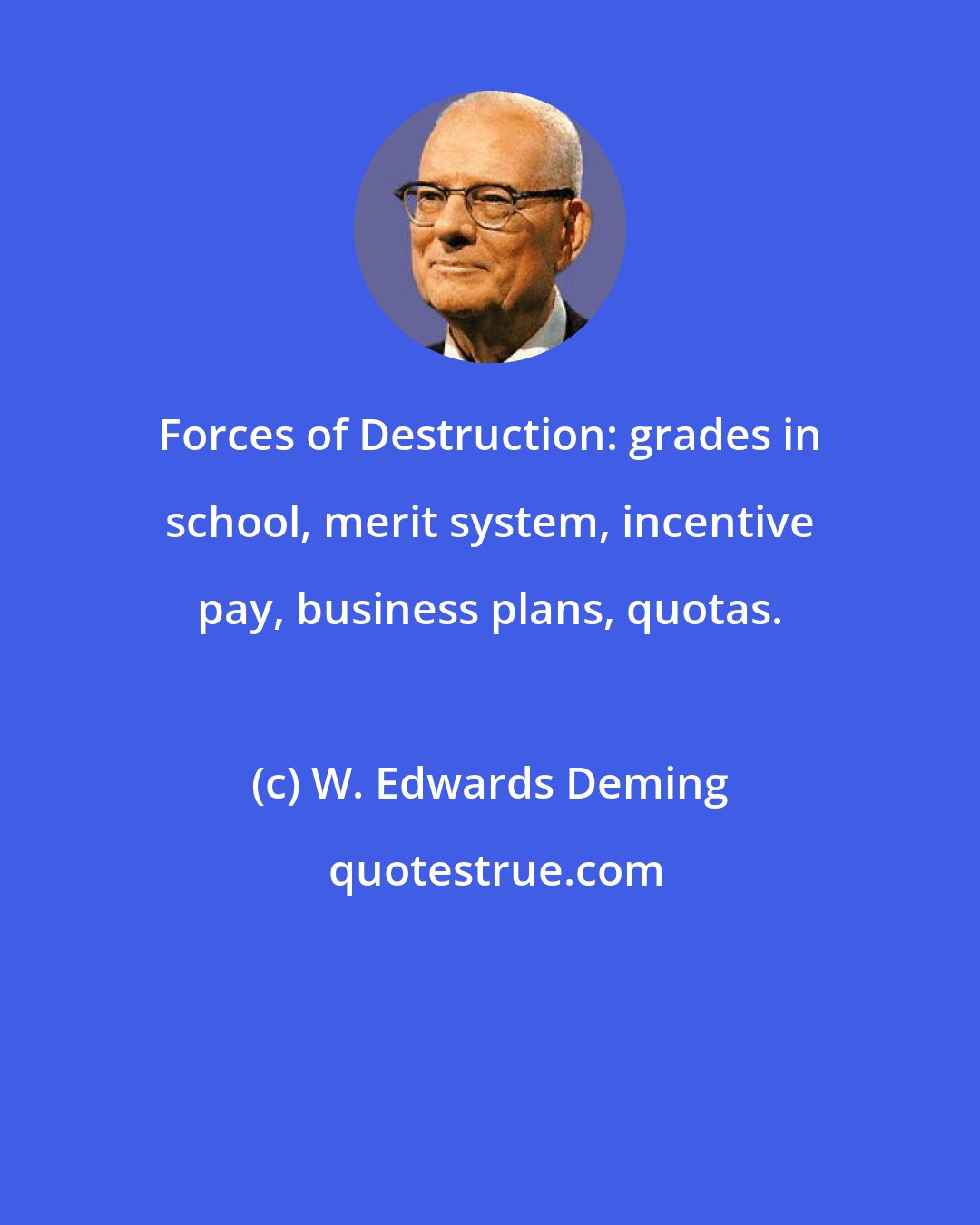 W. Edwards Deming: Forces of Destruction: grades in school, merit system, incentive pay, business plans, quotas.