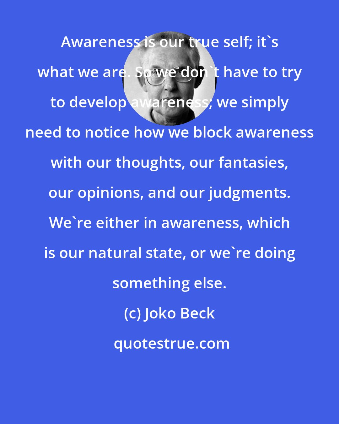 Joko Beck: Awareness is our true self; it's what we are. So we don't have to try to develop awareness; we simply need to notice how we block awareness with our thoughts, our fantasies, our opinions, and our judgments. We're either in awareness, which is our natural state, or we're doing something else.