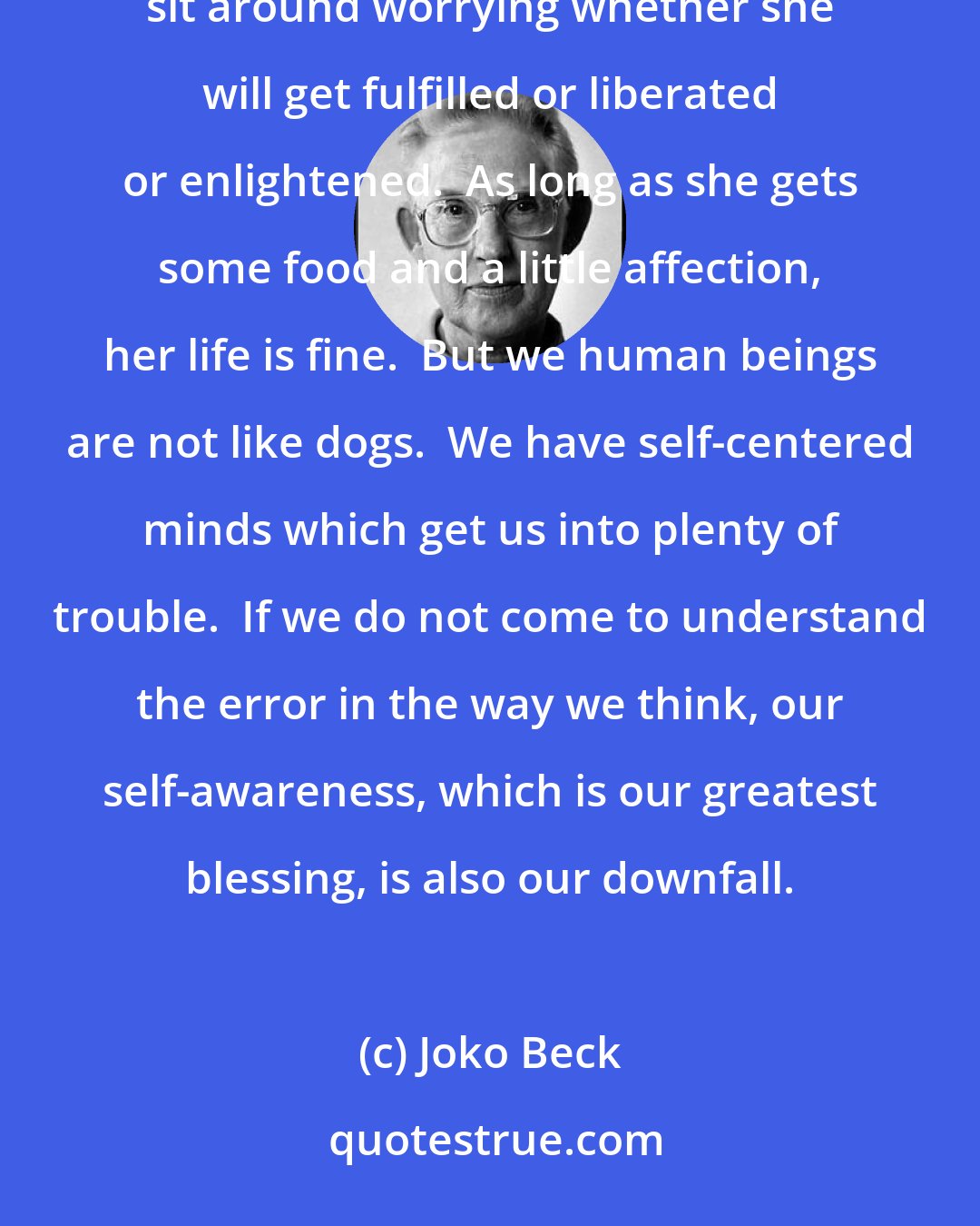 Joko Beck: My dog doesn't worry about the meaning of life.  She may worry if she doesn't get her breakfast, but she doesn't sit around worrying whether she will get fulfilled or liberated or enlightened.  As long as she gets some food and a little affection, her life is fine.  But we human beings are not like dogs.  We have self-centered minds which get us into plenty of trouble.  If we do not come to understand the error in the way we think, our self-awareness, which is our greatest blessing, is also our downfall.