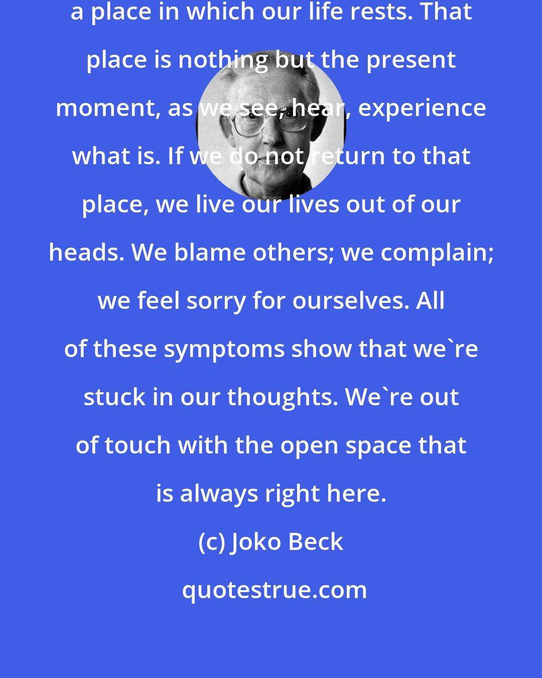 Joko Beck: There is a foundation for our lives, a place in which our life rests. That place is nothing but the present moment, as we see, hear, experience what is. If we do not return to that place, we live our lives out of our heads. We blame others; we complain; we feel sorry for ourselves. All of these symptoms show that we're stuck in our thoughts. We're out of touch with the open space that is always right here.