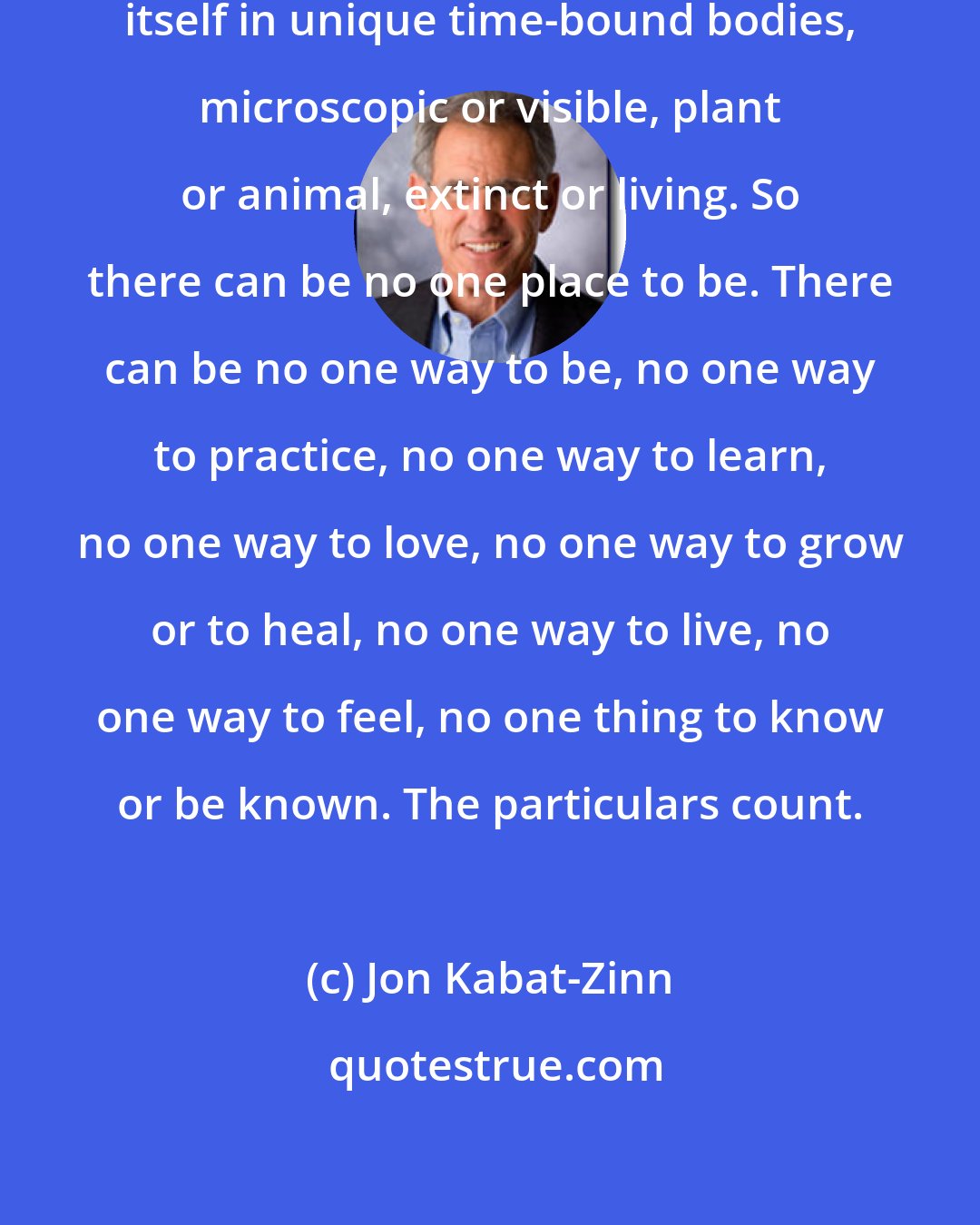 Jon Kabat-Zinn: Life on earth is a whole, yet it expresses itself in unique time-bound bodies, microscopic or visible, plant or animal, extinct or living. So there can be no one place to be. There can be no one way to be, no one way to practice, no one way to learn, no one way to love, no one way to grow or to heal, no one way to live, no one way to feel, no one thing to know or be known. The particulars count.