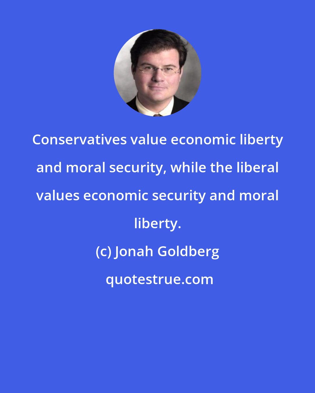 Jonah Goldberg: Conservatives value economic liberty and moral security, while the liberal values economic security and moral liberty.