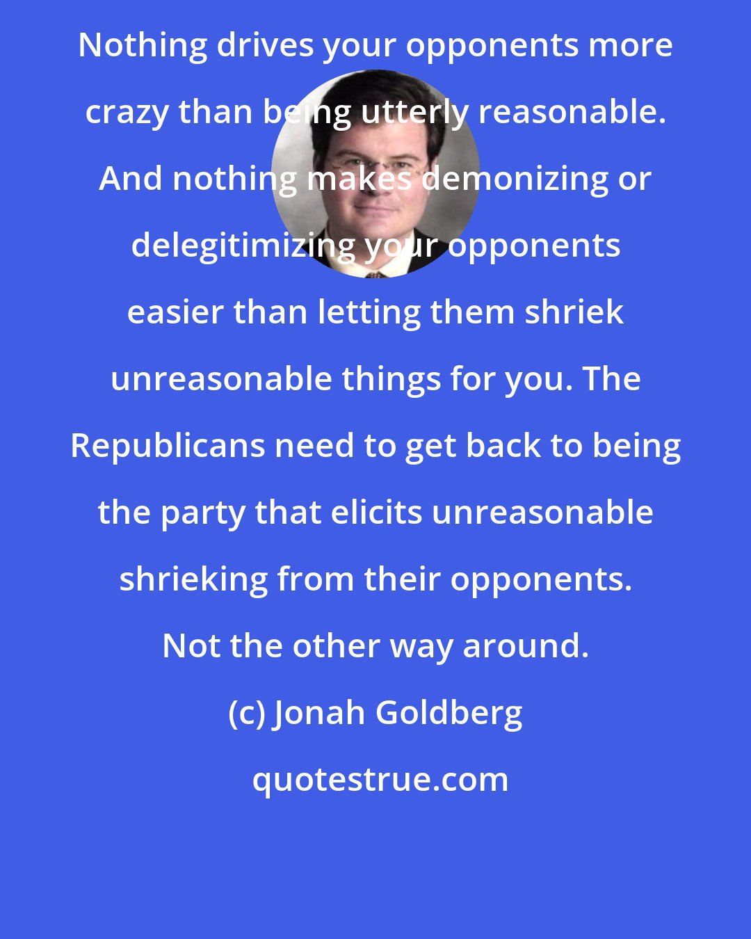 Jonah Goldberg: Nothing drives your opponents more crazy than being utterly reasonable. And nothing makes demonizing or delegitimizing your opponents easier than letting them shriek unreasonable things for you. The Republicans need to get back to being the party that elicits unreasonable shrieking from their opponents. Not the other way around.