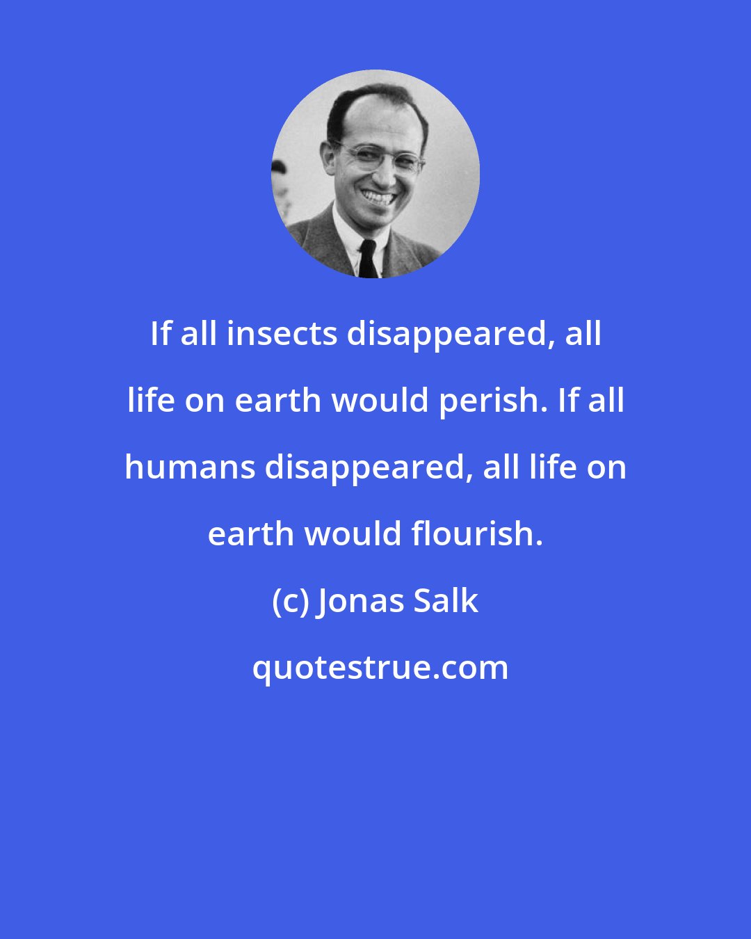 Jonas Salk: If all insects disappeared, all life on earth would perish. If all humans disappeared, all life on earth would flourish.