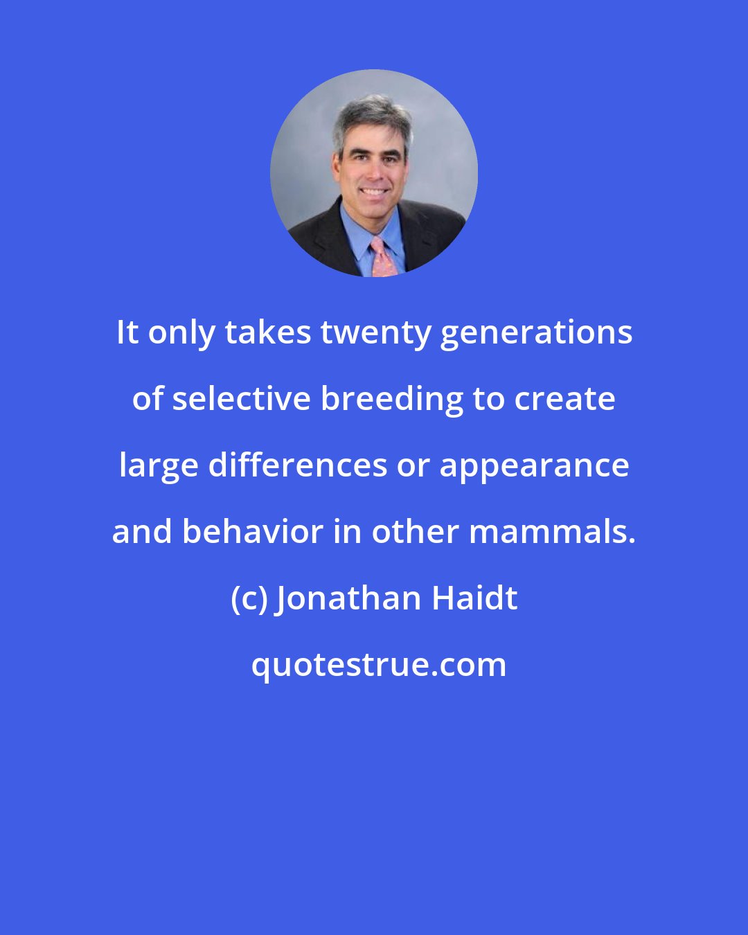 Jonathan Haidt: It only takes twenty generations of selective breeding to create large differences or appearance and behavior in other mammals.