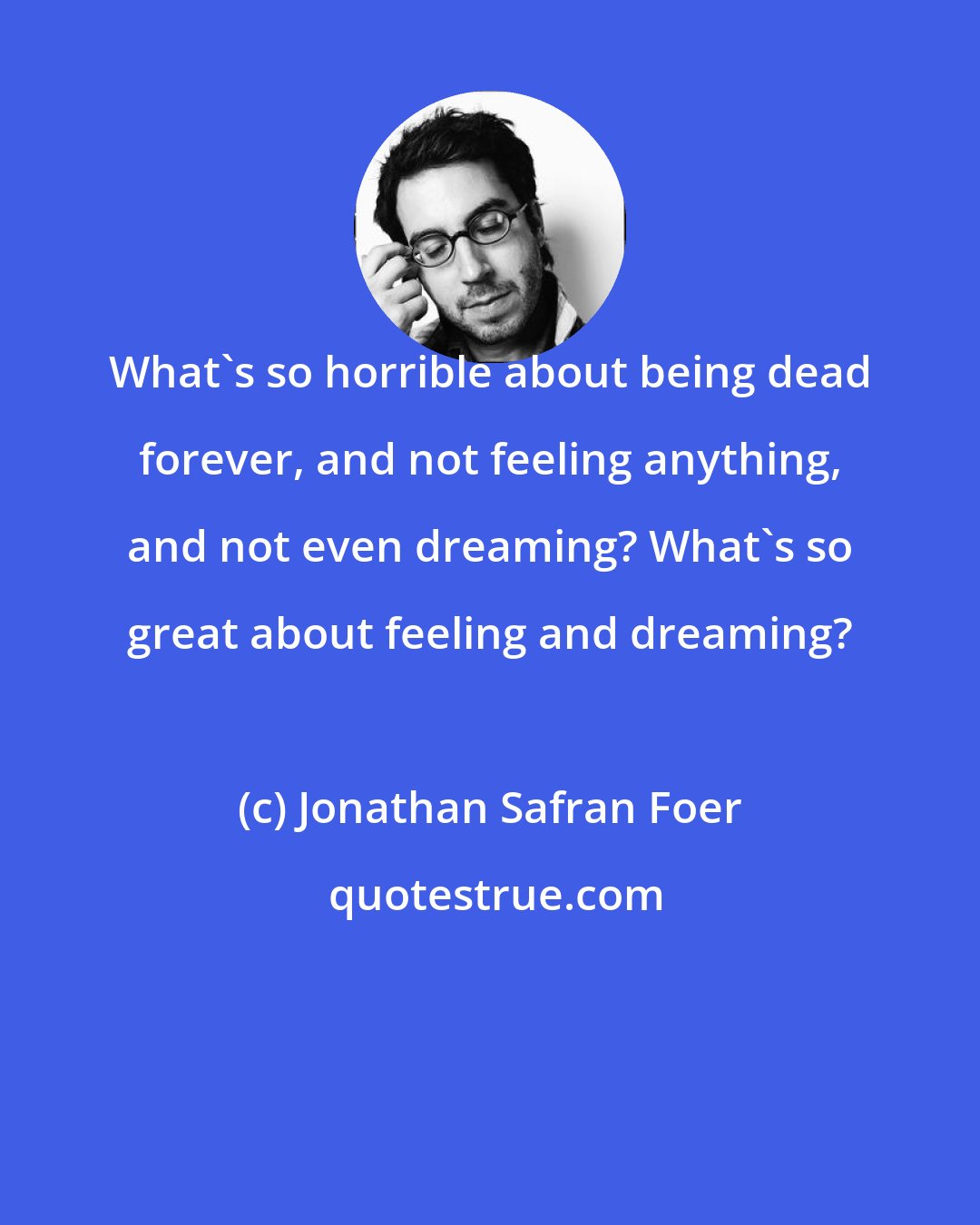 Jonathan Safran Foer: What's so horrible about being dead forever, and not feeling anything, and not even dreaming? What's so great about feeling and dreaming?