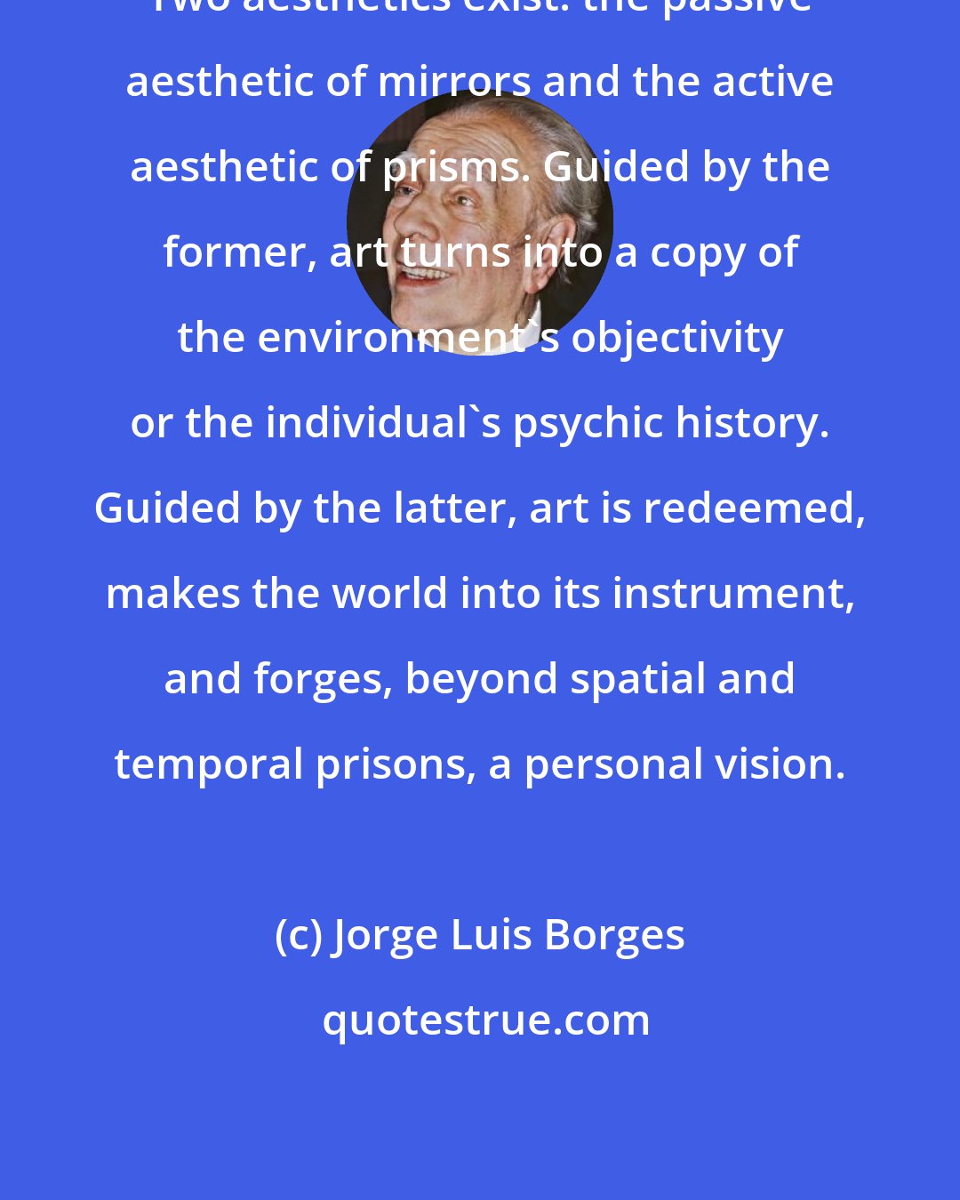 Jorge Luis Borges: Two aesthetics exist: the passive aesthetic of mirrors and the active aesthetic of prisms. Guided by the former, art turns into a copy of the environment's objectivity or the individual's psychic history. Guided by the latter, art is redeemed, makes the world into its instrument, and forges, beyond spatial and temporal prisons, a personal vision.