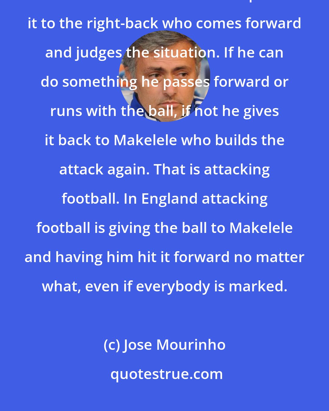 Jose Mourinho: To me, attacking football happens when Makelele gets the ball and passes it to the central defender who passes it to the right-back who comes forward and judges the situation. If he can do something he passes forward or runs with the ball, if not he gives it back to Makelele who builds the attack again. That is attacking football. In England attacking football is giving the ball to Makelele and having him hit it forward no matter what, even if everybody is marked.