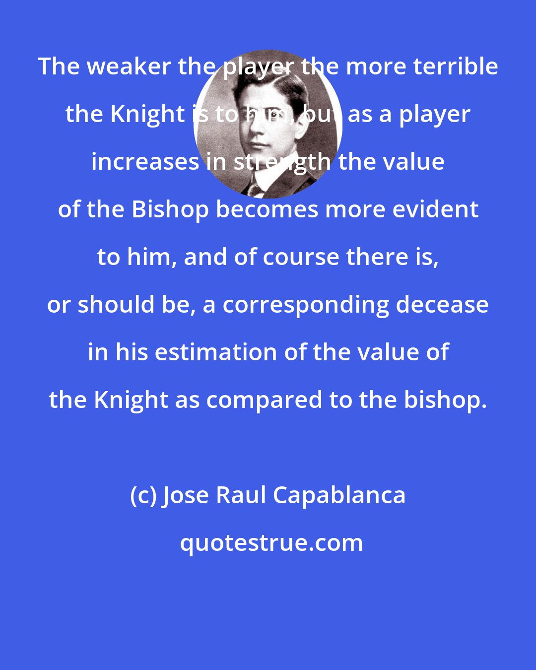 Jose Raul Capablanca: The weaker the player the more terrible the Knight is to him, but as a player increases in strength the value of the Bishop becomes more evident to him, and of course there is, or should be, a corresponding decease in his estimation of the value of the Knight as compared to the bishop.