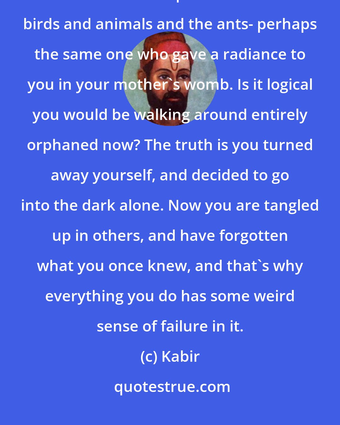 Kabir: I talk to my inner lover, and I say, why such rush? We sense that there is some sort of spirit that loves birds and animals and the ants- perhaps the same one who gave a radiance to you in your mother's womb. Is it logical you would be walking around entirely orphaned now? The truth is you turned away yourself, and decided to go into the dark alone. Now you are tangled up in others, and have forgotten what you once knew, and that's why everything you do has some weird sense of failure in it.