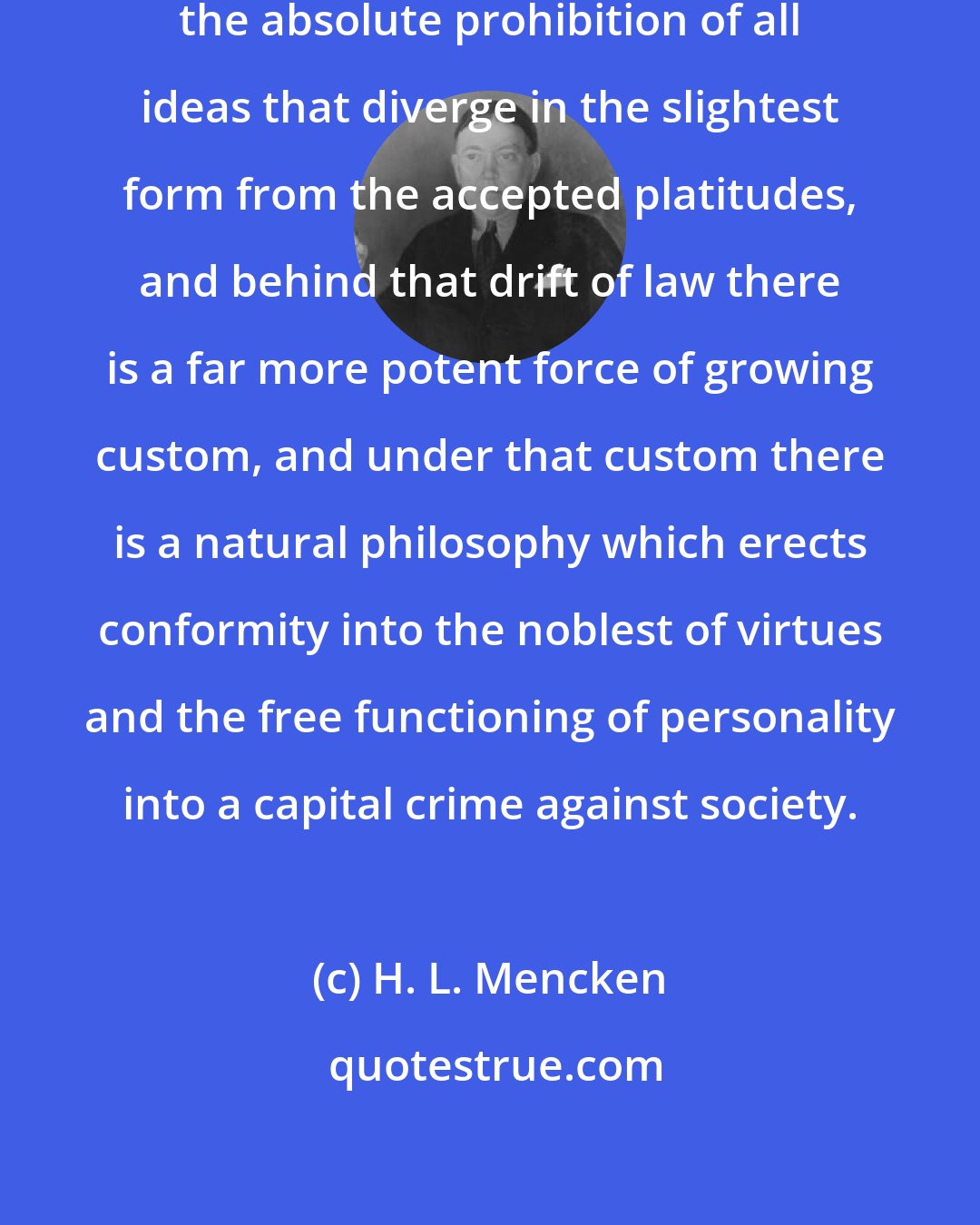 H. L. Mencken: The whole drift of our law is toward the absolute prohibition of all ideas that diverge in the slightest form from the accepted platitudes, and behind that drift of law there is a far more potent force of growing custom, and under that custom there is a natural philosophy which erects conformity into the noblest of virtues and the free functioning of personality into a capital crime against society.