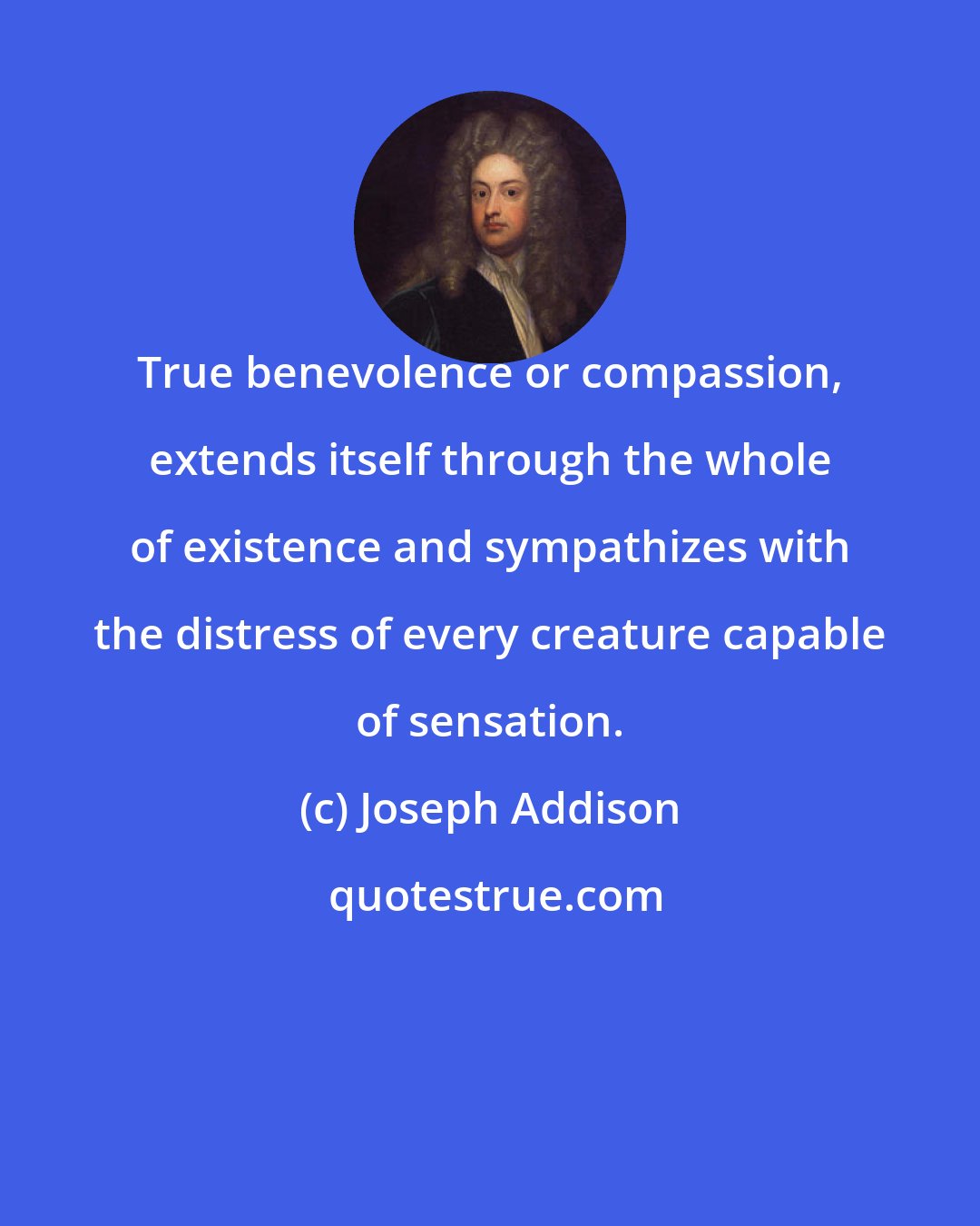 Joseph Addison: True benevolence or compassion, extends itself through the whole of existence and sympathizes with the distress of every creature capable of sensation.