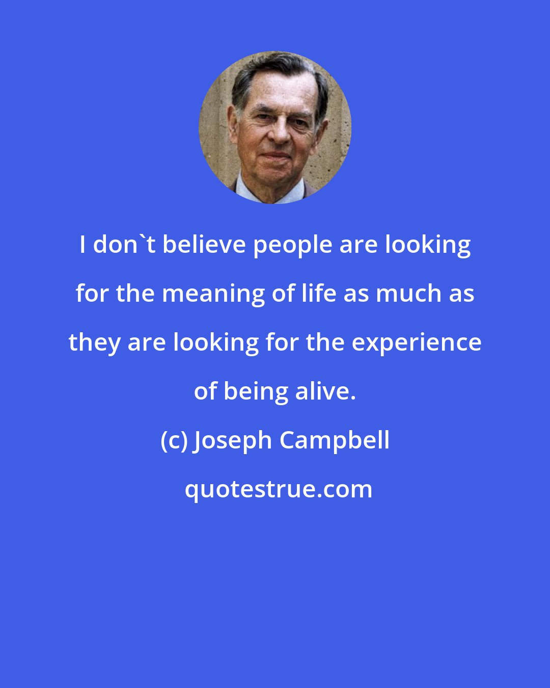 Joseph Campbell: I don't believe people are looking for the meaning of life as much as they are looking for the experience of being alive.