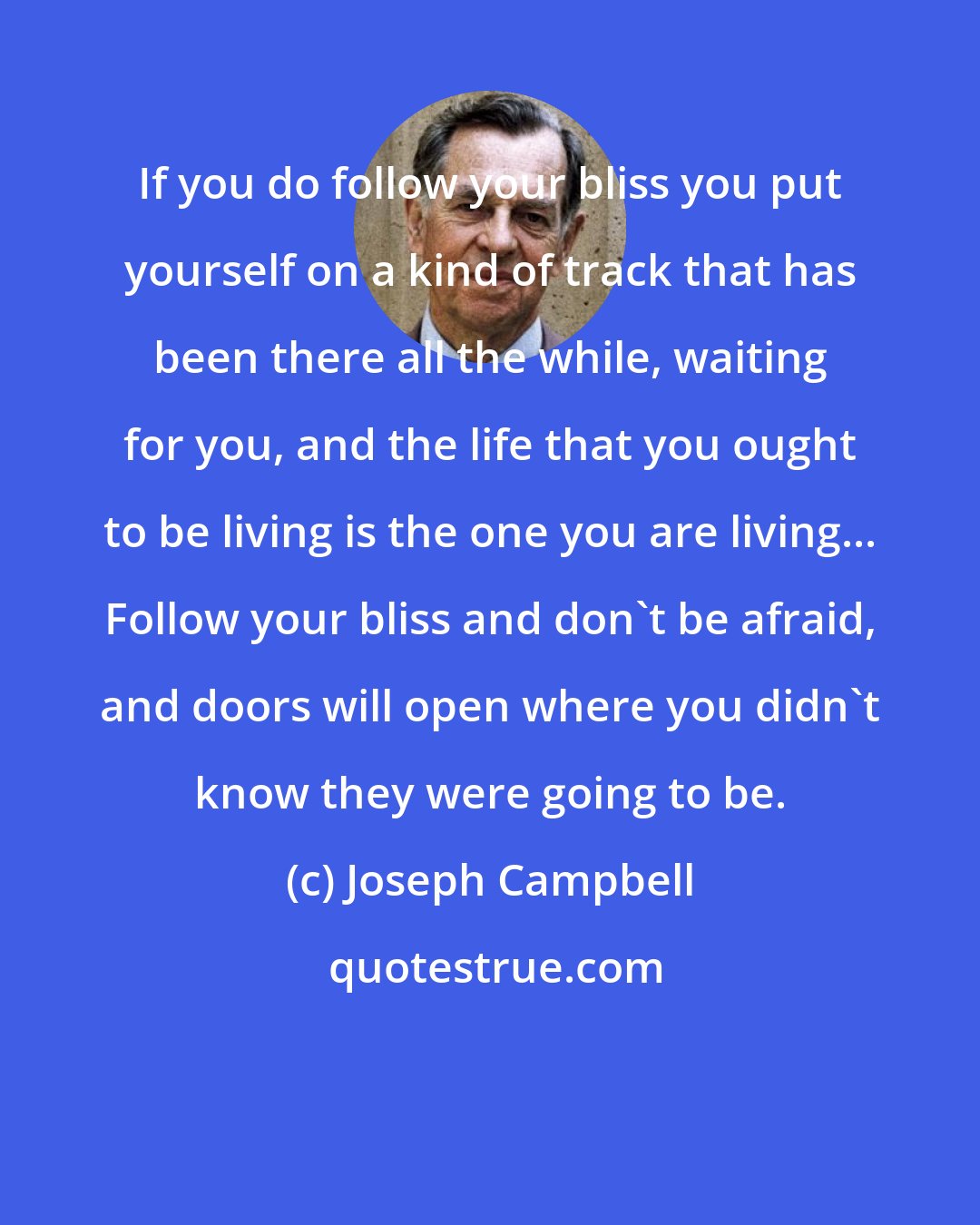 Joseph Campbell: If you do follow your bliss you put yourself on a kind of track that has been there all the while, waiting for you, and the life that you ought to be living is the one you are living... Follow your bliss and don't be afraid, and doors will open where you didn't know they were going to be.