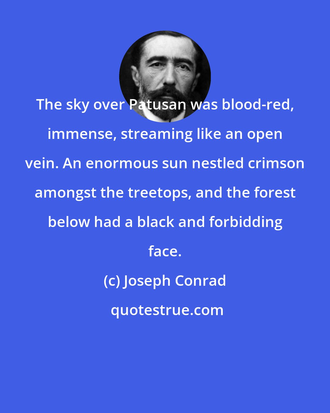 Joseph Conrad: The sky over Patusan was blood-red, immense, streaming like an open vein. An enormous sun nestled crimson amongst the treetops, and the forest below had a black and forbidding face.