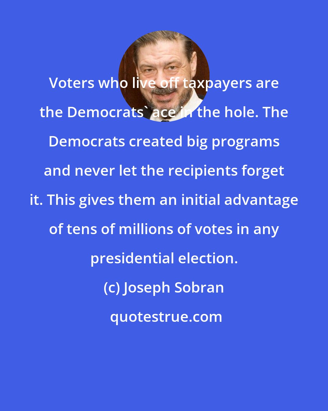 Joseph Sobran: Voters who live off taxpayers are the Democrats' ace in the hole. The Democrats created big programs and never let the recipients forget it. This gives them an initial advantage of tens of millions of votes in any presidential election.