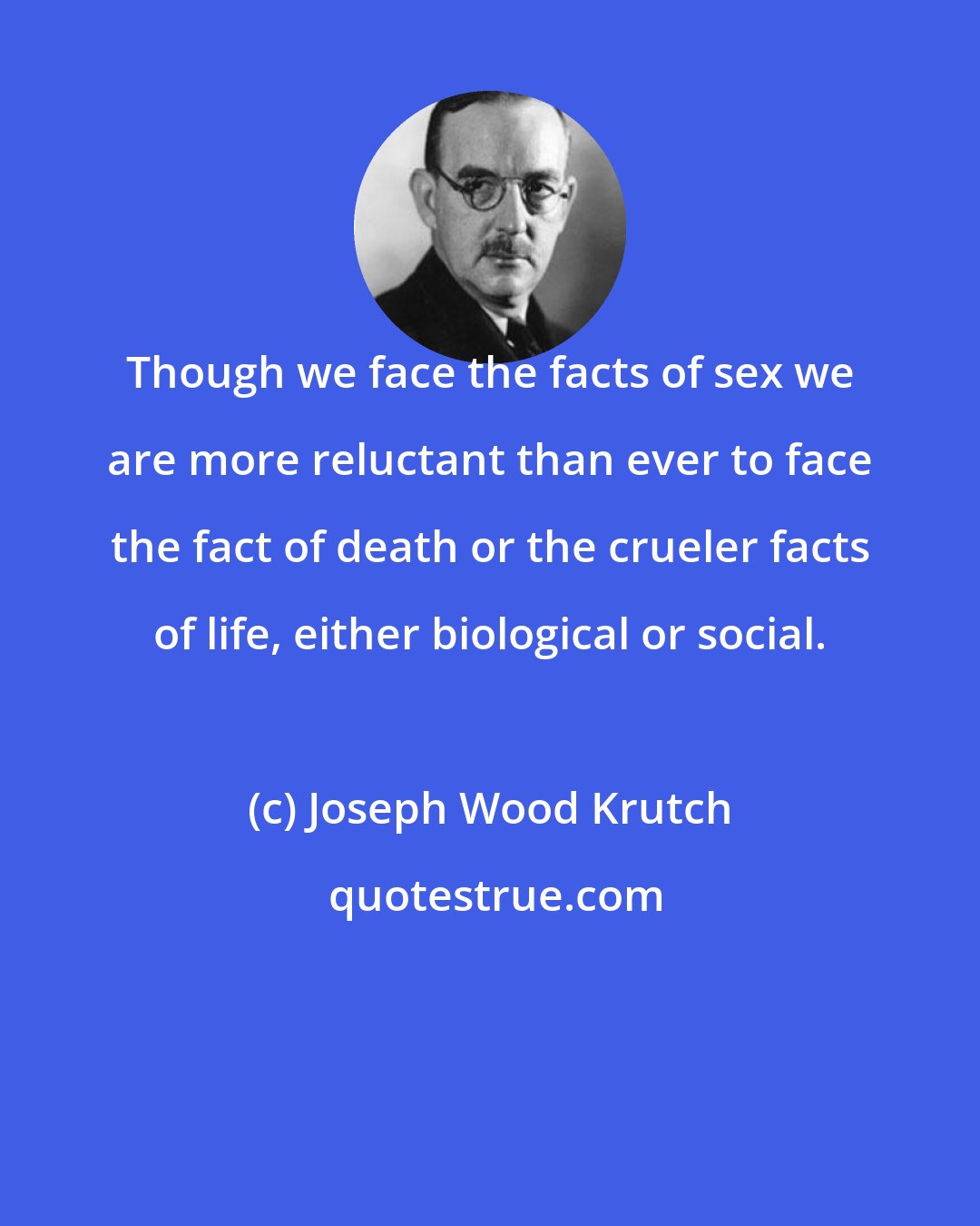 Joseph Wood Krutch: Though we face the facts of sex we are more reluctant than ever to face the fact of death or the crueler facts of life, either biological or social.