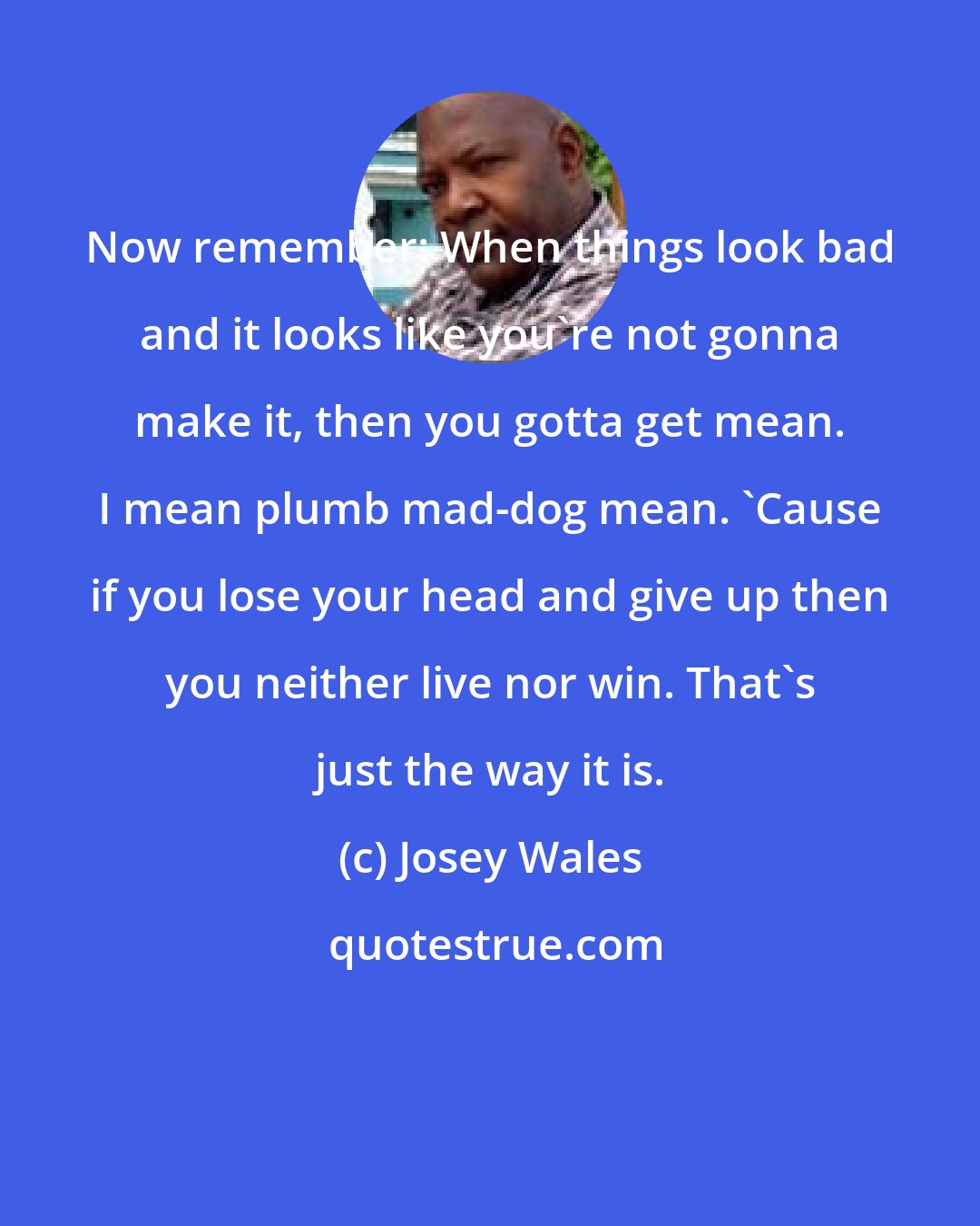 Josey Wales: Now remember: When things look bad and it looks like you're not gonna make it, then you gotta get mean. I mean plumb mad-dog mean. 'Cause if you lose your head and give up then you neither live nor win. That's just the way it is.