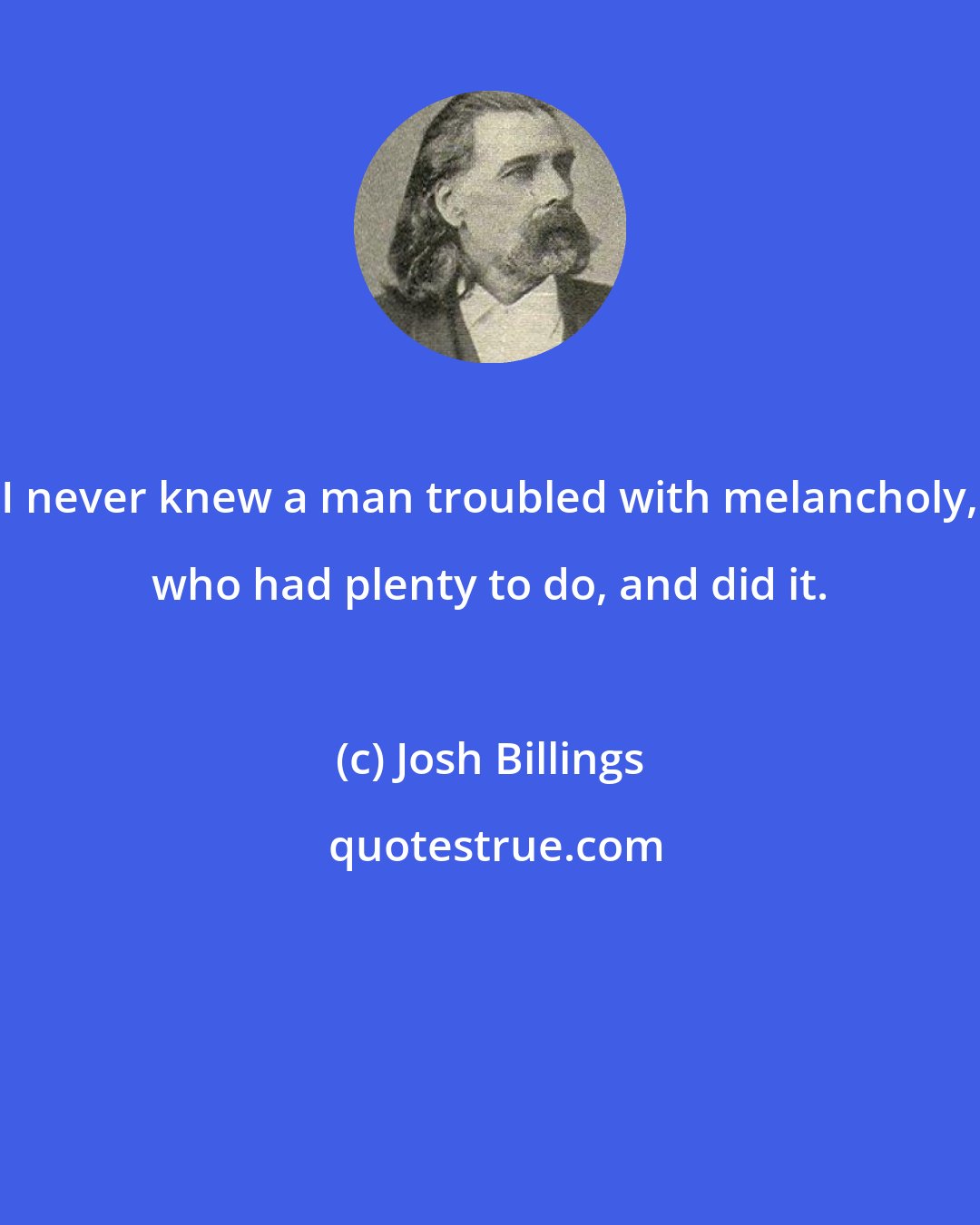 Josh Billings: I never knew a man troubled with melancholy, who had plenty to do, and did it.