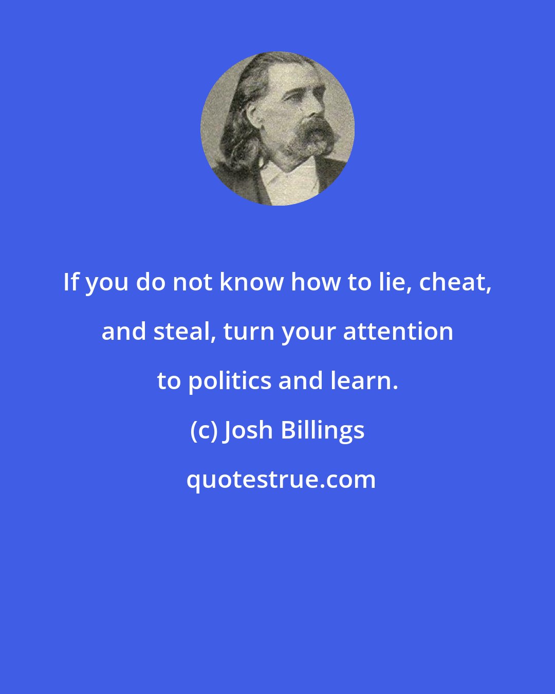 Josh Billings: If you do not know how to lie, cheat, and steal, turn your attention to politics and learn.