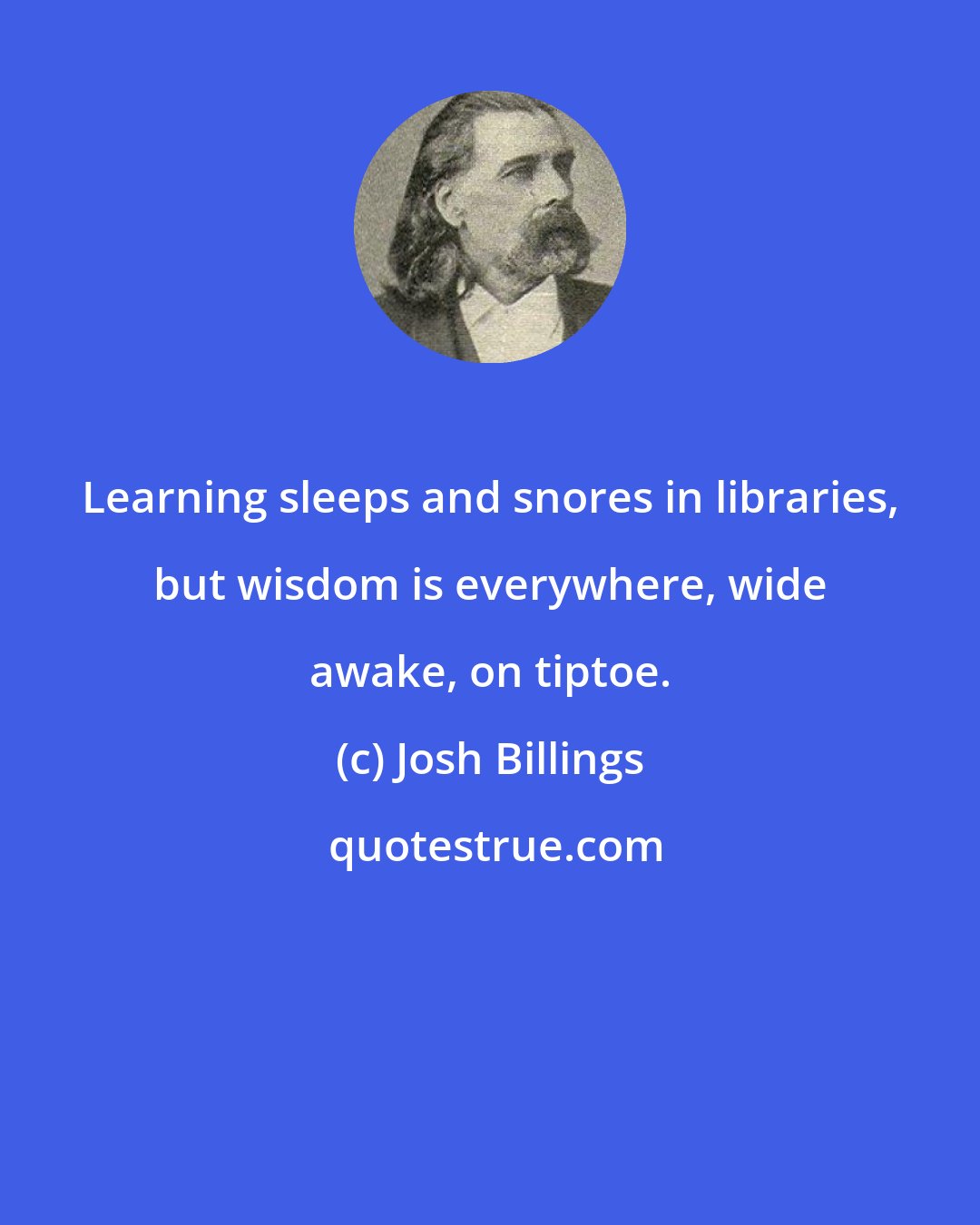 Josh Billings: Learning sleeps and snores in libraries, but wisdom is everywhere, wide awake, on tiptoe.