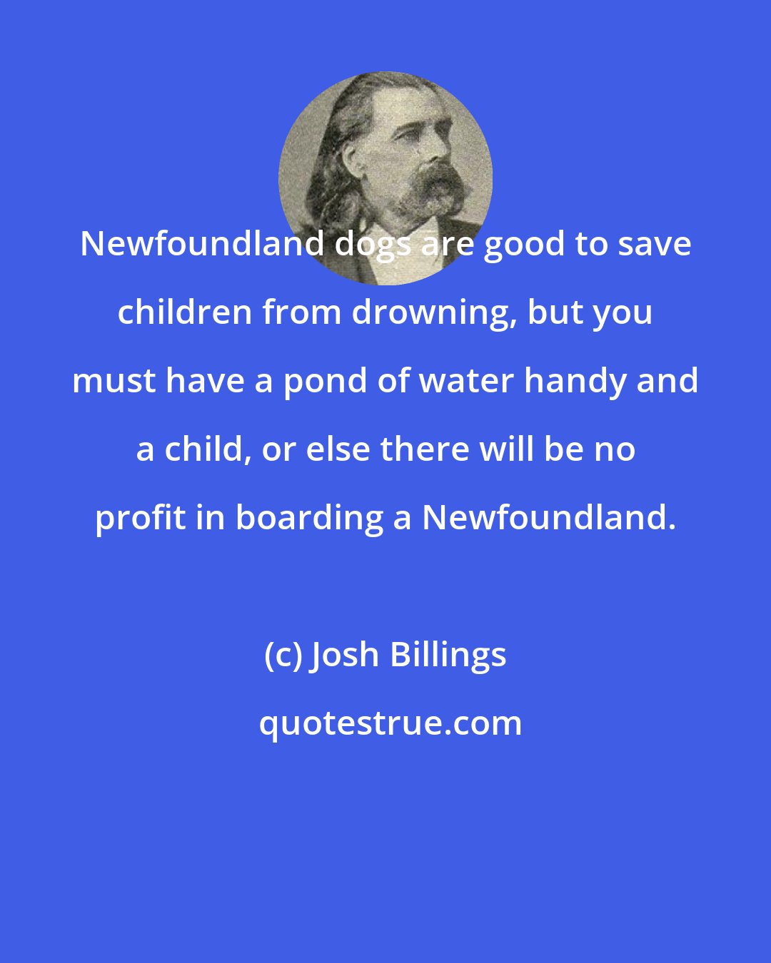 Josh Billings: Newfoundland dogs are good to save children from drowning, but you must have a pond of water handy and a child, or else there will be no profit in boarding a Newfoundland.