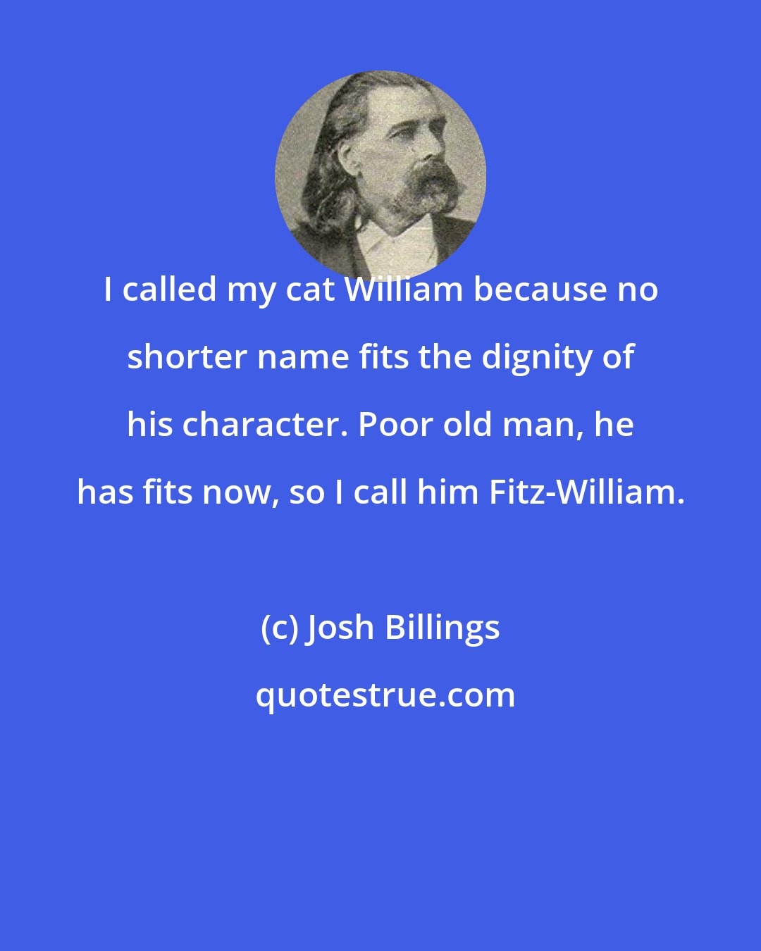 Josh Billings: I called my cat William because no shorter name fits the dignity of his character. Poor old man, he has fits now, so I call him Fitz-William.