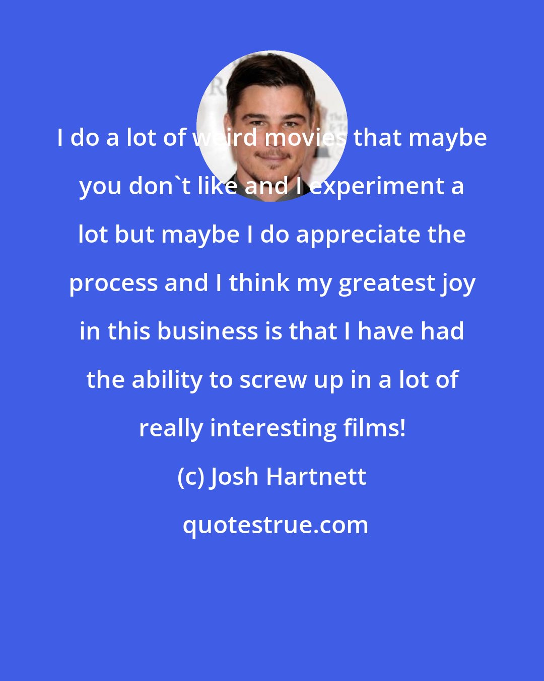 Josh Hartnett: I do a lot of weird movies that maybe you don't like and I experiment a lot but maybe I do appreciate the process and I think my greatest joy in this business is that I have had the ability to screw up in a lot of really interesting films!