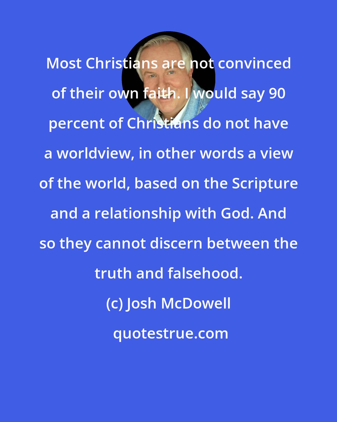 Josh McDowell: Most Christians are not convinced of their own faith. I would say 90 percent of Christians do not have a worldview, in other words a view of the world, based on the Scripture and a relationship with God. And so they cannot discern between the truth and falsehood.