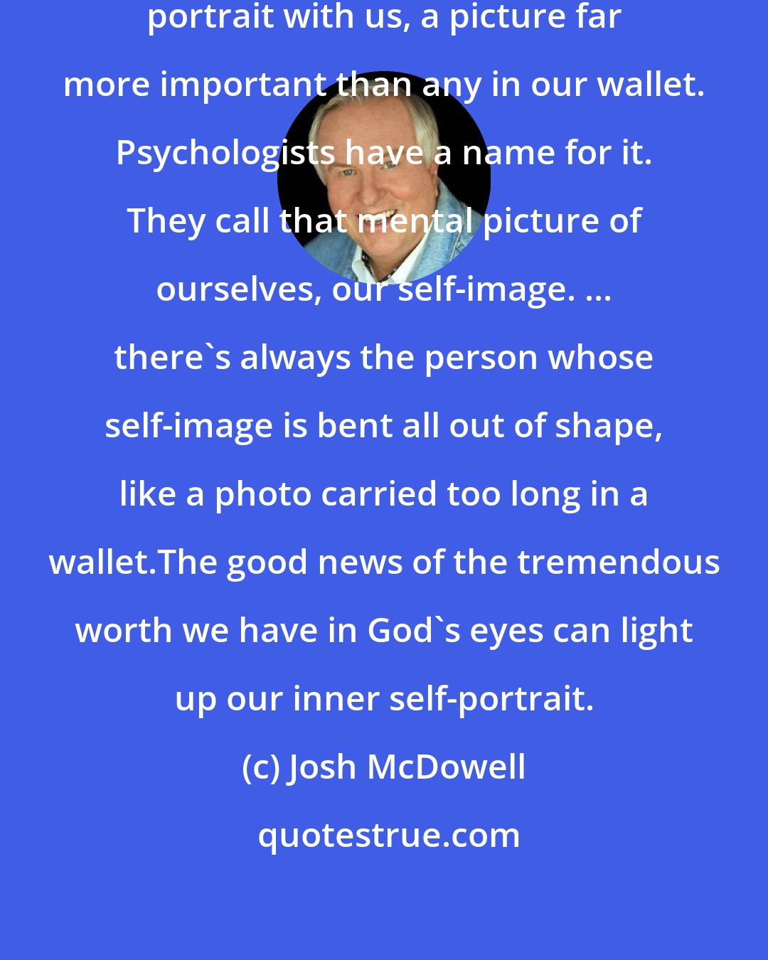 Josh McDowell: Yet each of us also carries another portrait with us, a picture far more important than any in our wallet. Psychologists have a name for it. They call that mental picture of ourselves, our self-image. ... there's always the person whose self-image is bent all out of shape, like a photo carried too long in a wallet.The good news of the tremendous worth we have in God's eyes can light up our inner self-portrait.