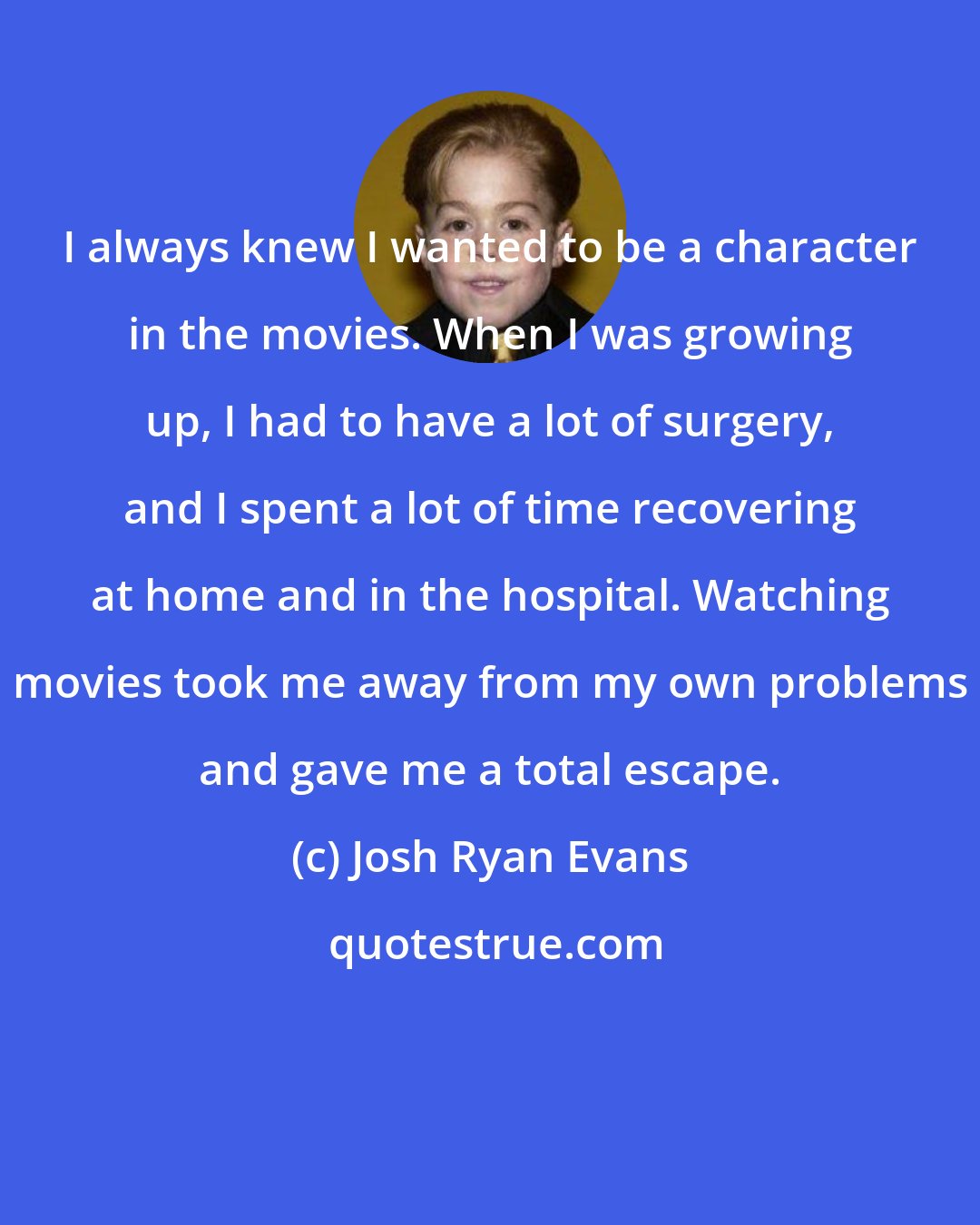 Josh Ryan Evans: I always knew I wanted to be a character in the movies. When I was growing up, I had to have a lot of surgery, and I spent a lot of time recovering at home and in the hospital. Watching movies took me away from my own problems and gave me a total escape.