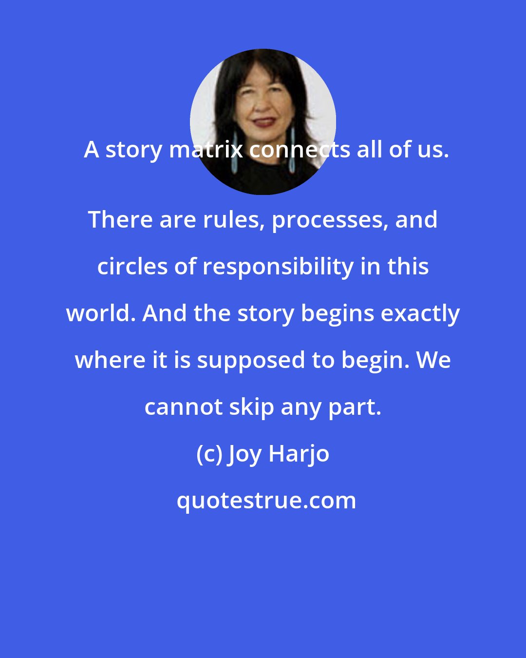 Joy Harjo: A story matrix connects all of us.
 There are rules, processes, and circles of responsibility in this world. And the story begins exactly where it is supposed to begin. We cannot skip any part.