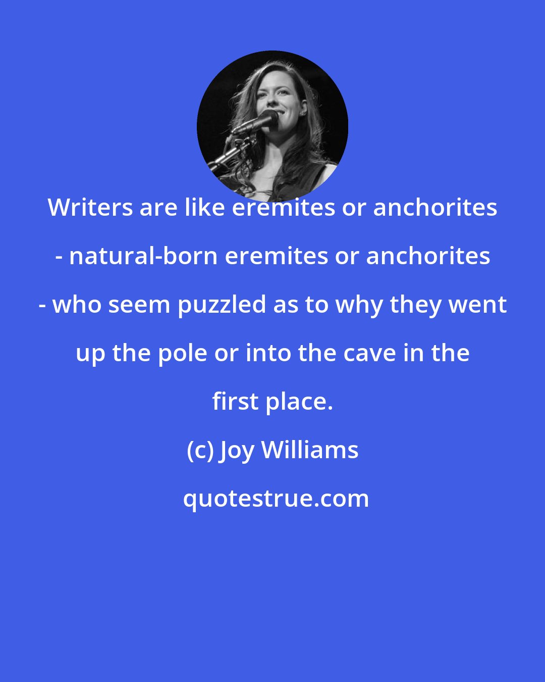 Joy Williams: Writers are like eremites or anchorites - natural-born eremites or anchorites - who seem puzzled as to why they went up the pole or into the cave in the first place.