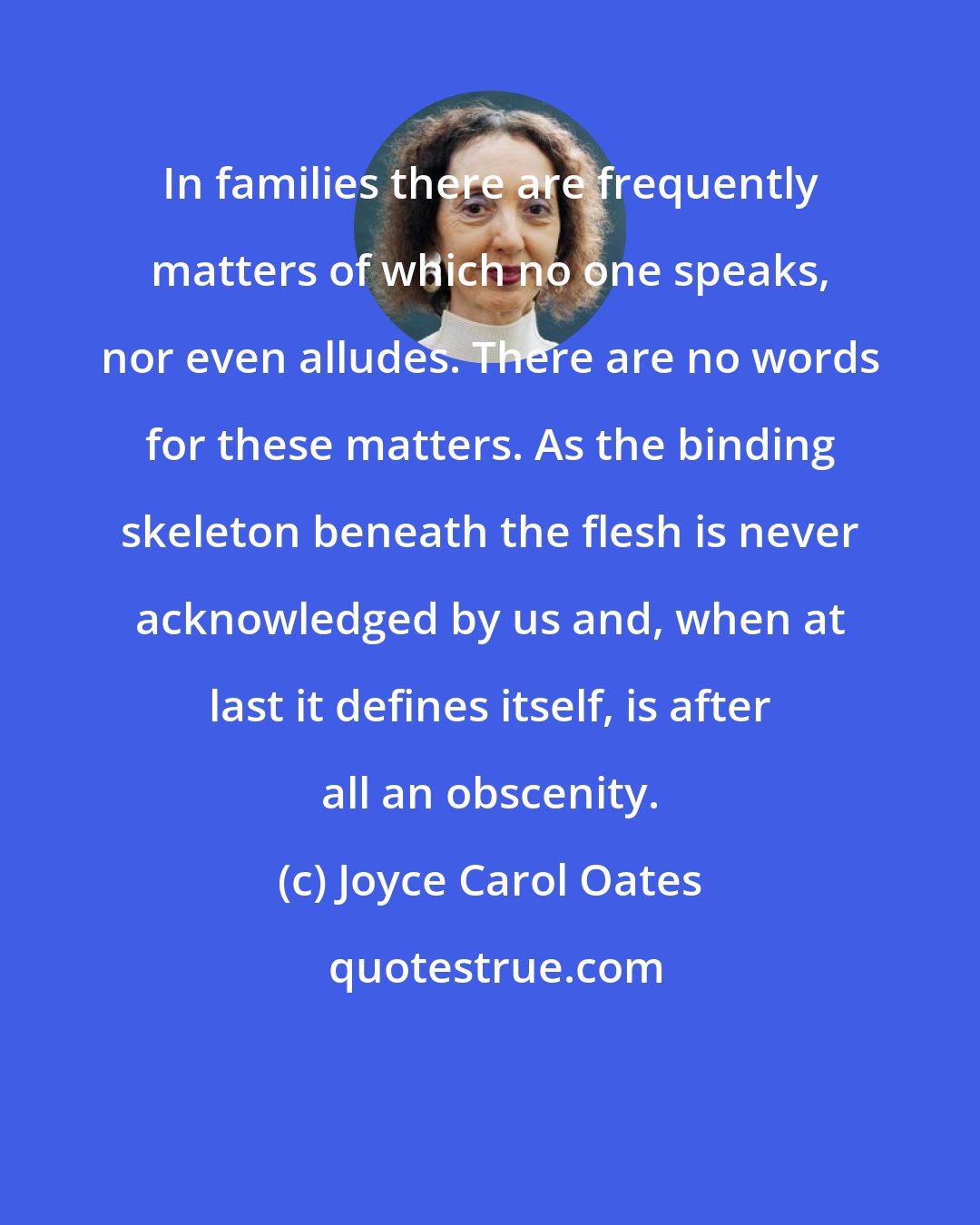 Joyce Carol Oates: In families there are frequently matters of which no one speaks, nor even alludes. There are no words for these matters. As the binding skeleton beneath the flesh is never acknowledged by us and, when at last it defines itself, is after all an obscenity.