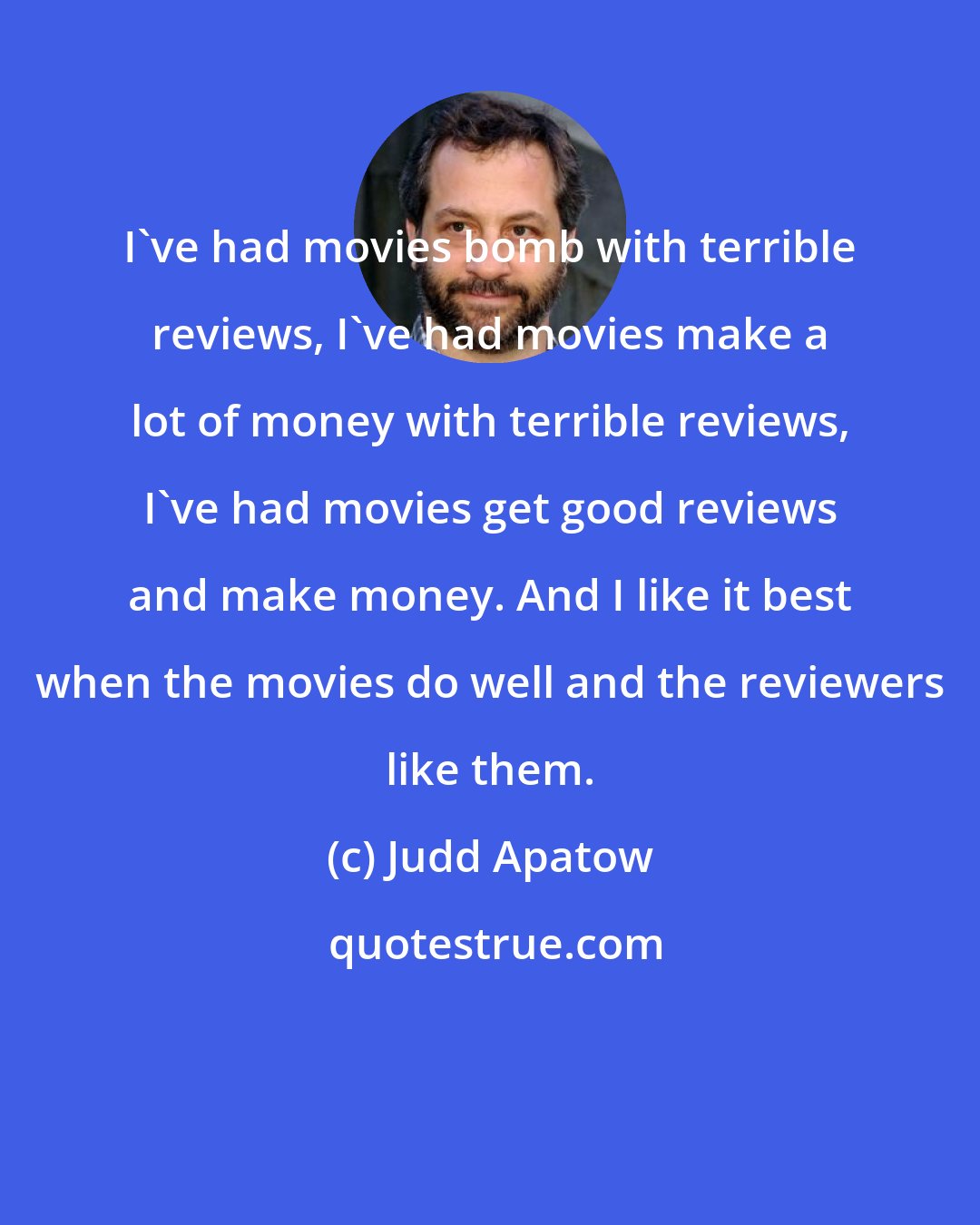 Judd Apatow: I've had movies bomb with terrible reviews, I've had movies make a lot of money with terrible reviews, I've had movies get good reviews and make money. And I like it best when the movies do well and the reviewers like them.