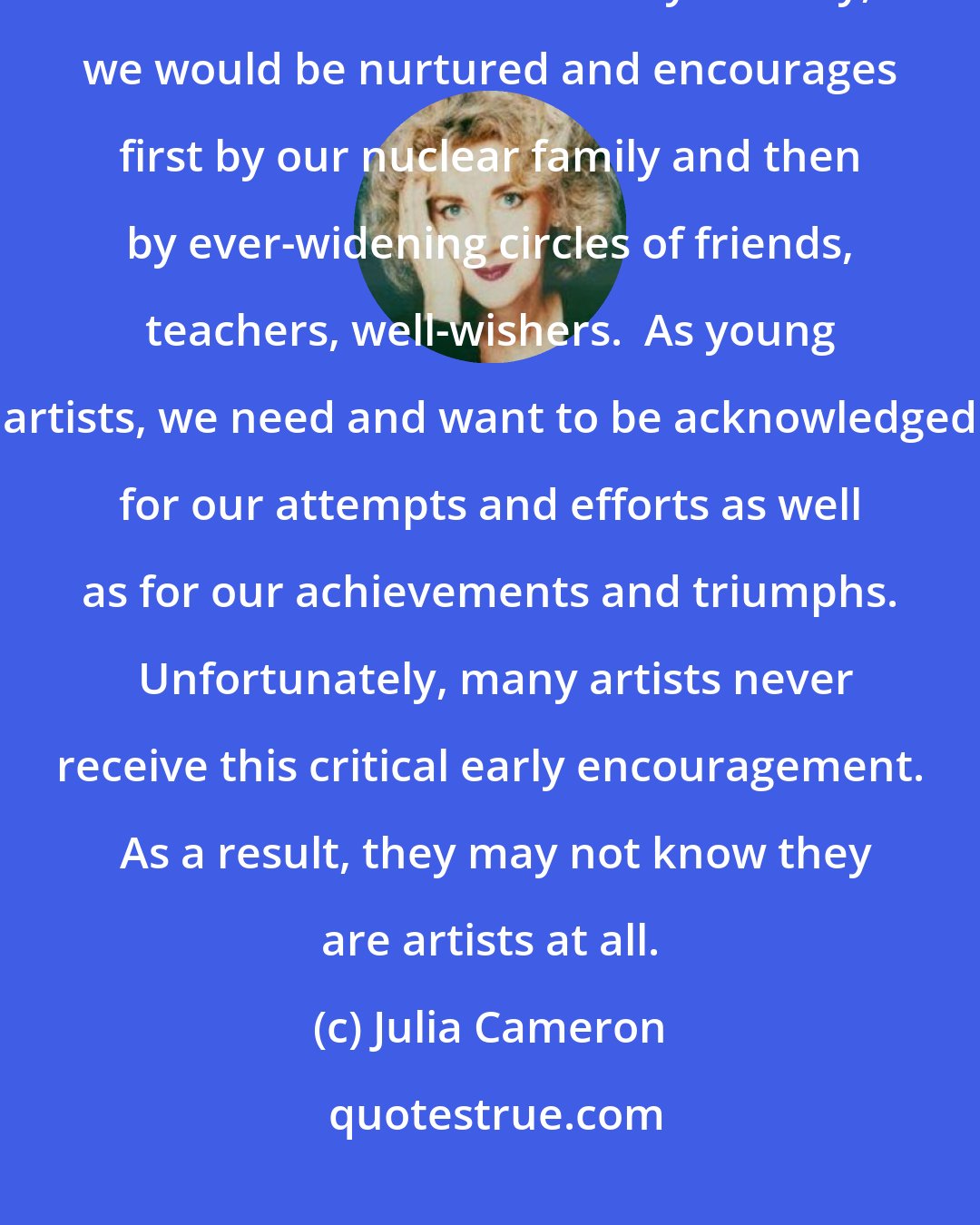 Julia Cameron: One of our chief needs as creative beings is support.  Unfortunately, this can be hard to come by.  Ideally, we would be nurtured and encourages first by our nuclear family and then by ever-widening circles of friends, teachers, well-wishers.  As young artists, we need and want to be acknowledged for our attempts and efforts as well as for our achievements and triumphs.  Unfortunately, many artists never receive this critical early encouragement.  As a result, they may not know they are artists at all.