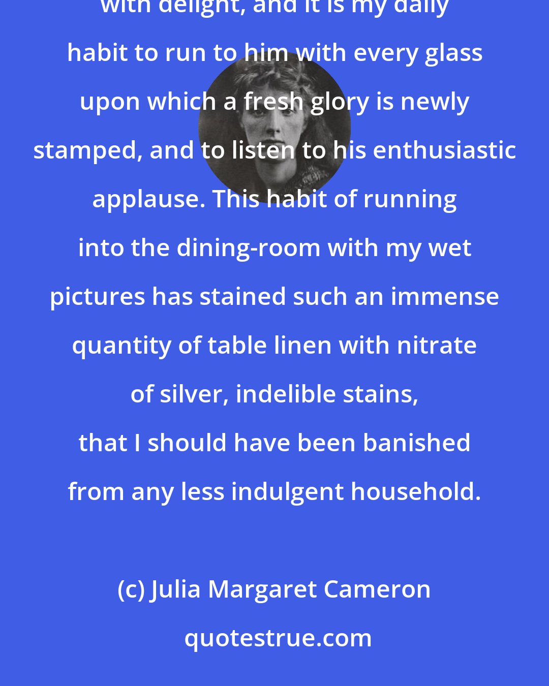 Julia Margaret Cameron: Personal sympathy has helped me on very much. My husband from first to last has watched every picture with delight, and it is my daily habit to run to him with every glass upon which a fresh glory is newly stamped, and to listen to his enthusiastic applause. This habit of running into the dining-room with my wet pictures has stained such an immense quantity of table linen with nitrate of silver, indelible stains, that I should have been banished from any less indulgent household.